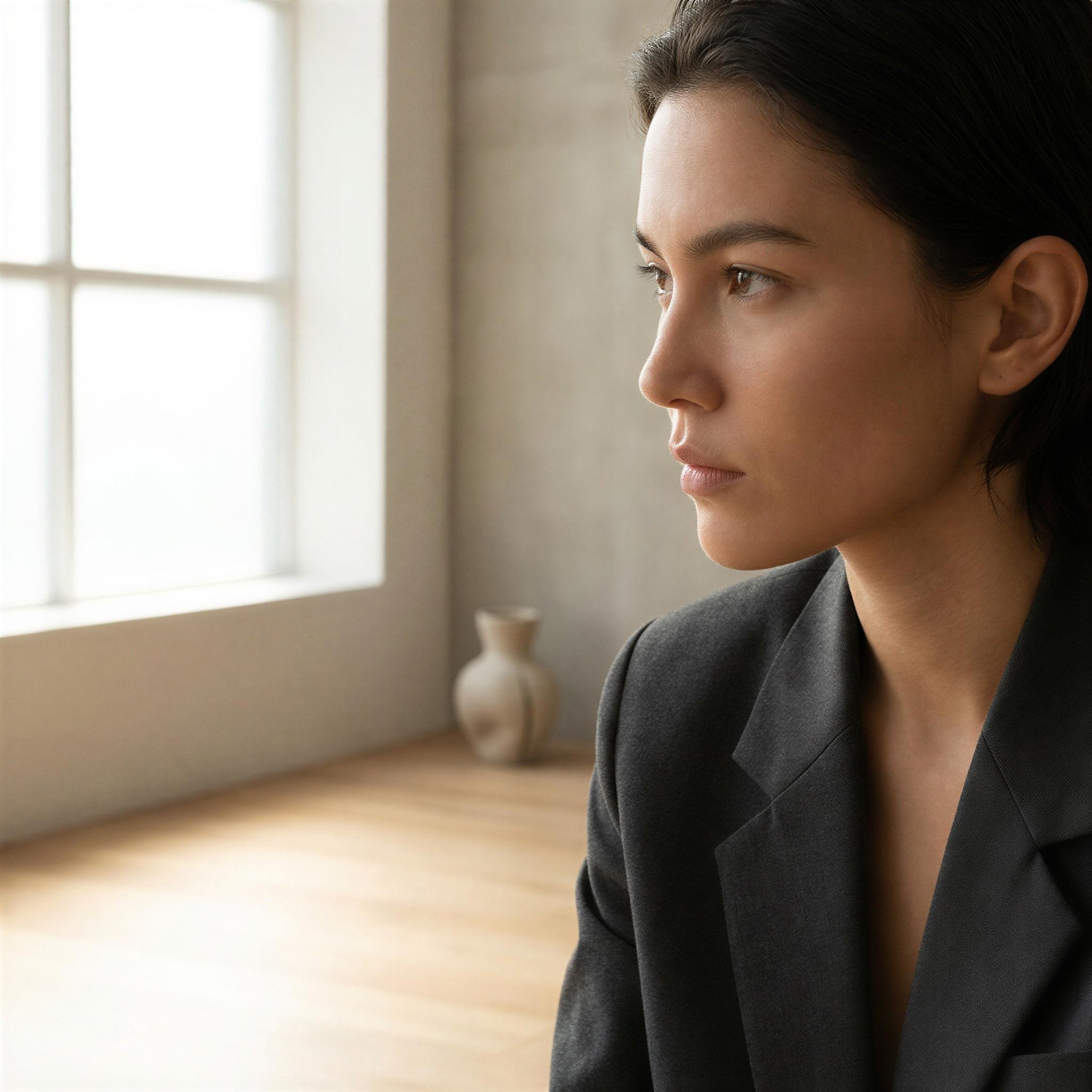 Vogue editorial style, single person portrait, bright soft window light from the side creating subtle shadow gradient, minimalist modern interior, confident and thoughtful mood, tight framing showing strong jawline, high resolution fashion quality, serene and elegant atmosphere