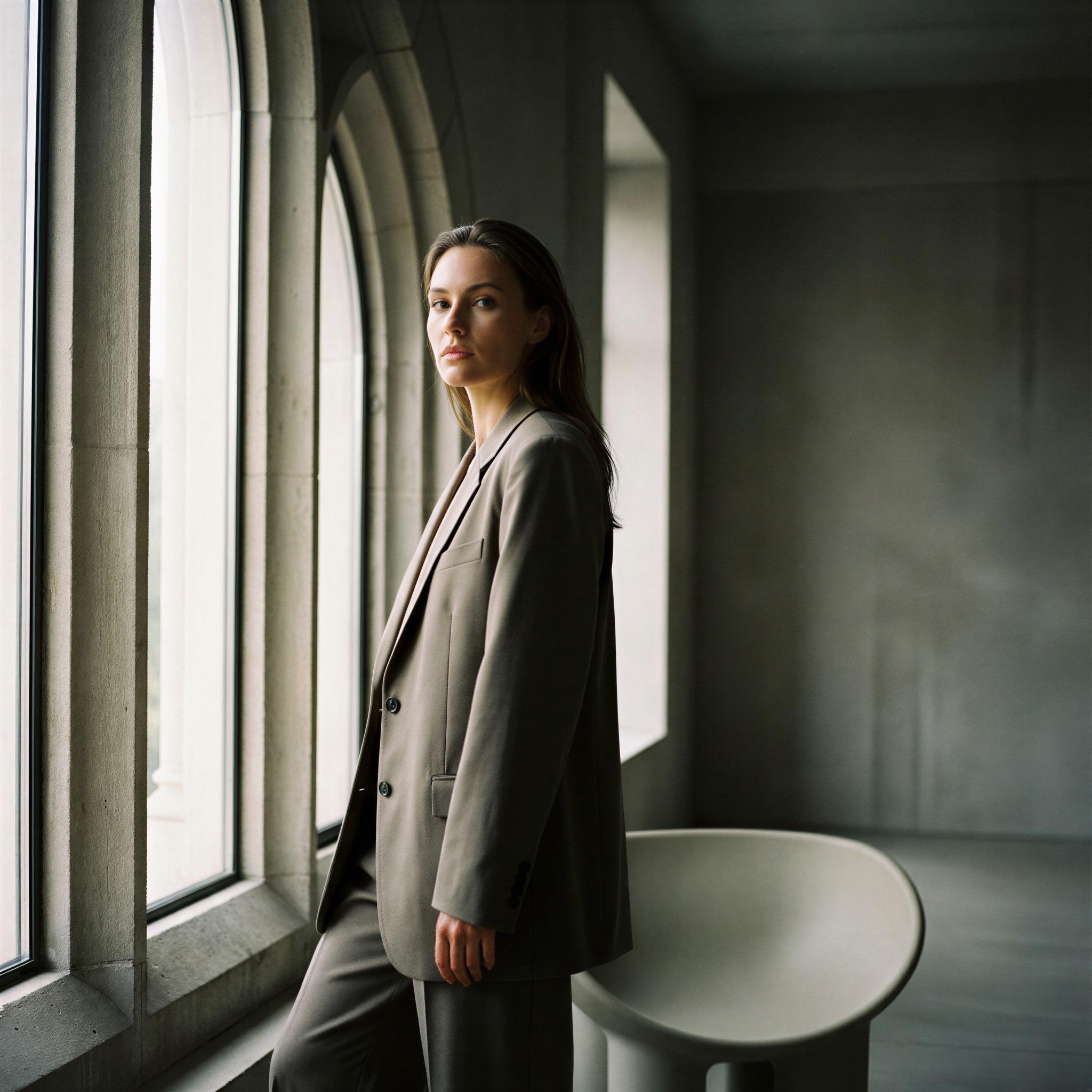 Vogue editorial style portrait, single person framed by tall architectural window, soft diffused daylight illuminating one side, subtle dramatic shadows creating depth, confident and thoughtful mood, clean minimalist setting, high-resolution fashion photography, professional quality