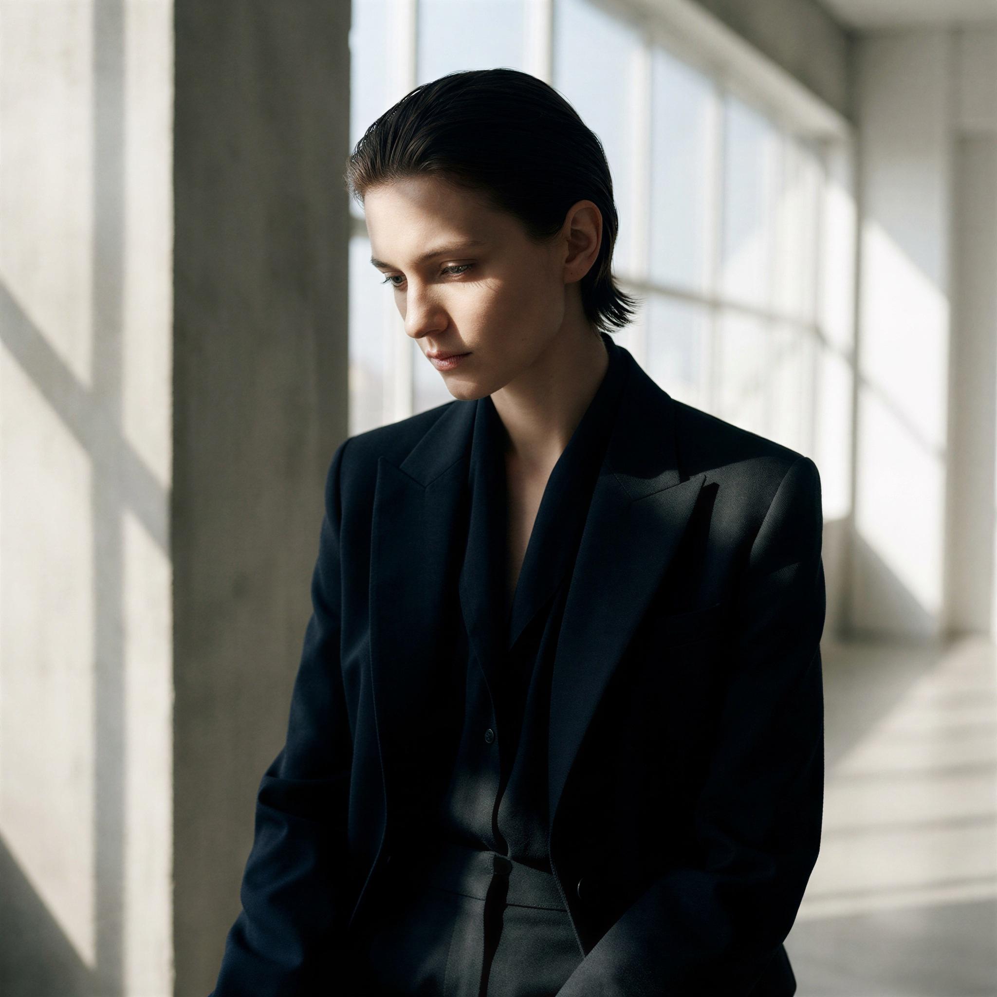 Vogue editorial style, single subject portrait in a minimalist room, dramatic soft window light creating long, elegant side shadows, contemplative mood, high contrast, shallow depth of field, ultra-sharp focus, magazine quality fine art photograph, refined composition