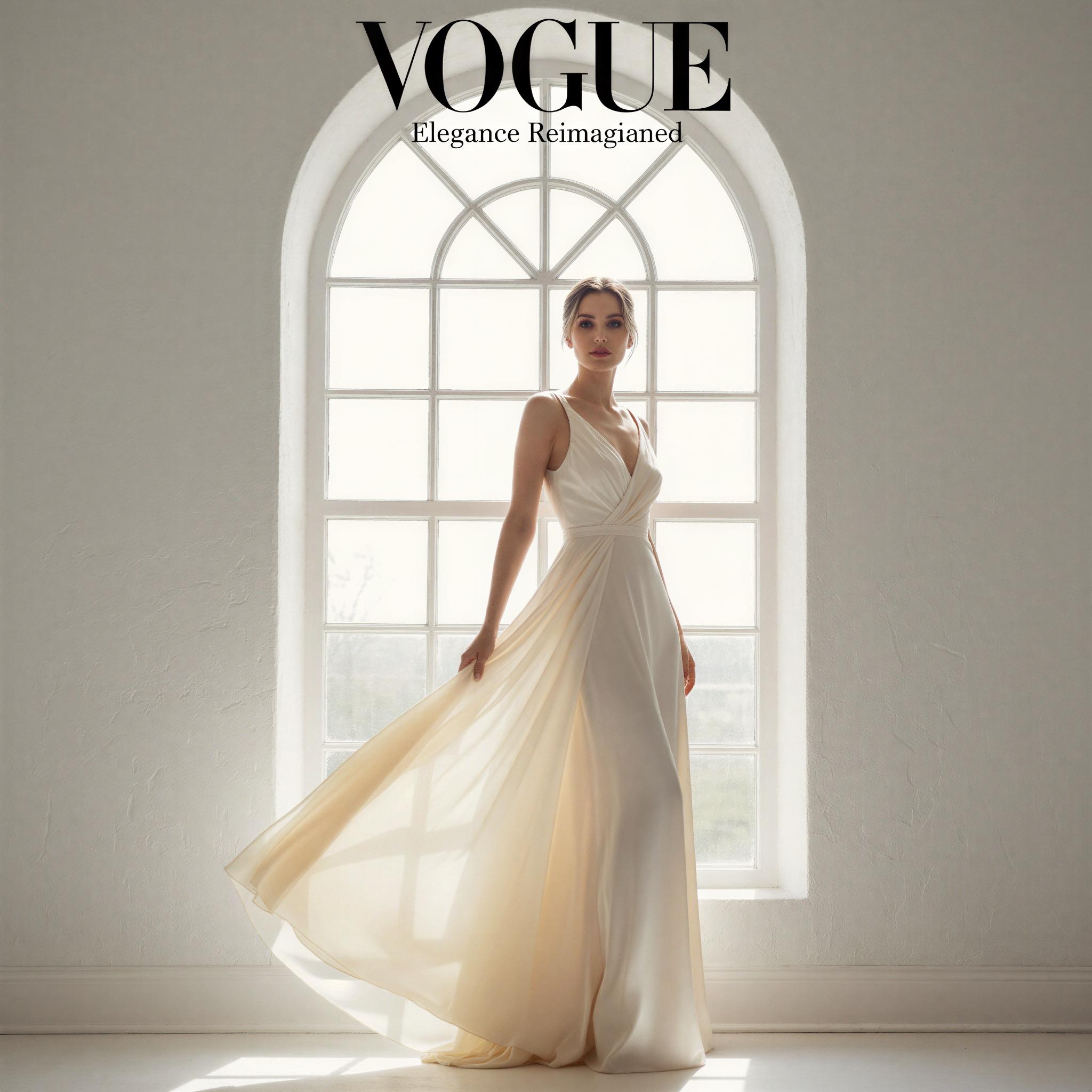 Vogue editorial style portrait, single person near large airy window, soft directional window light creating subtle shadows, sophisticated elegant mood, clean minimalist background, high-key lighting, magazine quality fashion editorial shot, confident presence