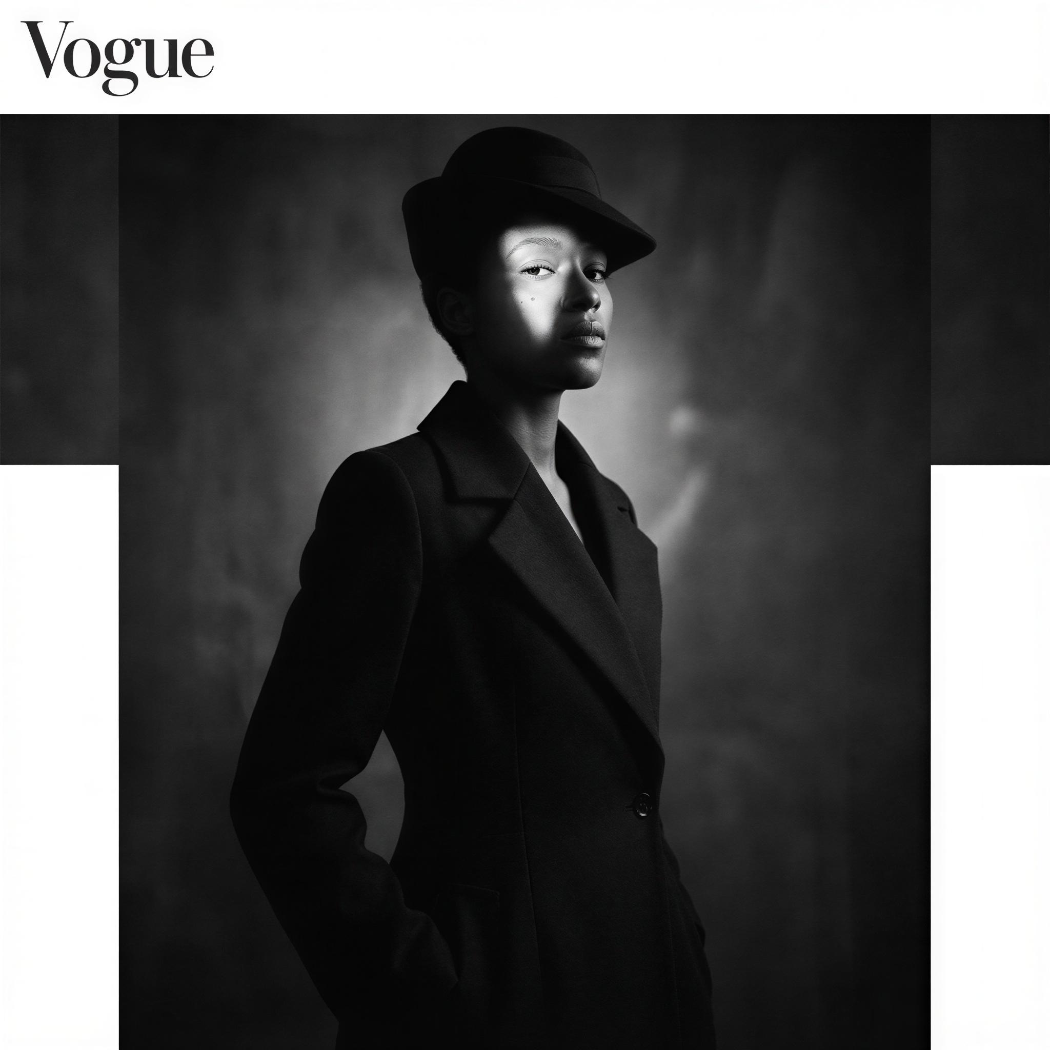 Vogue editorial style solo photography, dramatic Rembrandt lighting setup, single strong directional light creating a small triangle of light on one cheek, deep moody shadows, elegant confident pose, high-contrast chiaroscuro effect, cinematic film grain, magazine quality portraiture