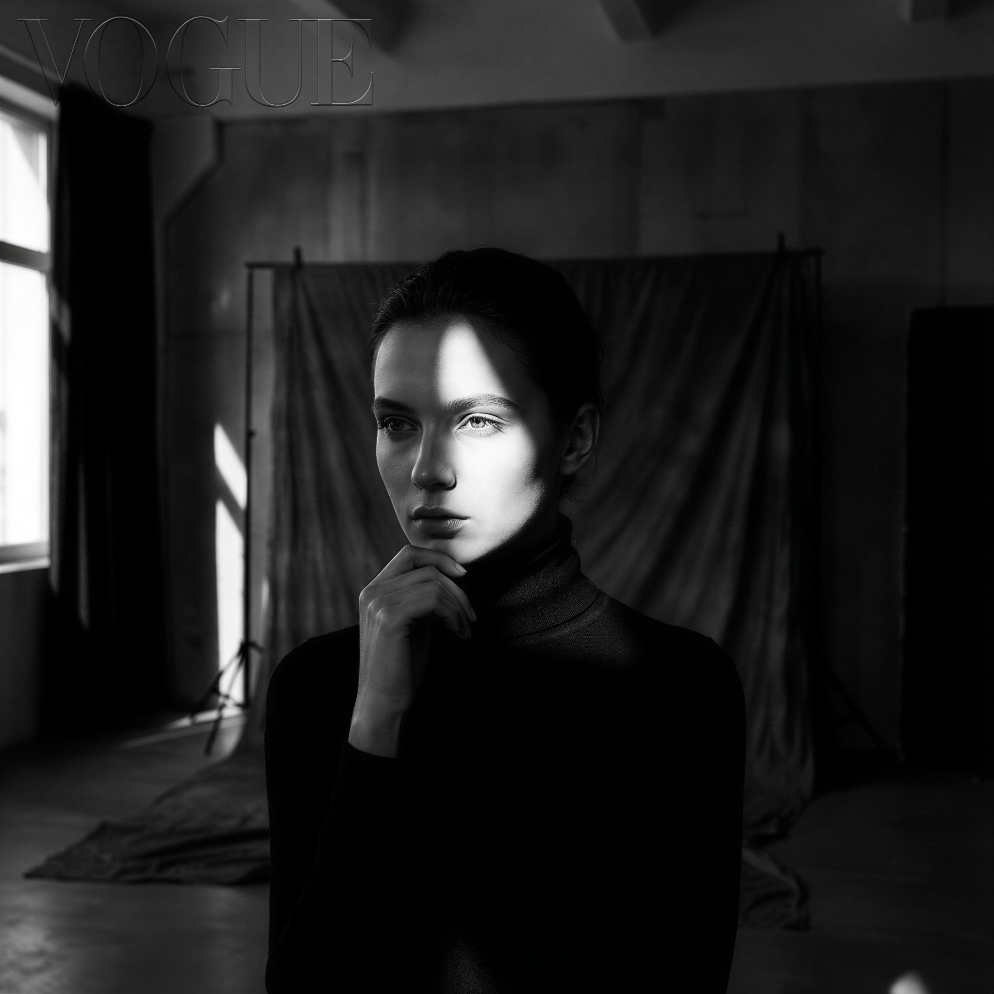 Vogue editorial style solo photography, dramatic chiaroscuro studio setting, deep shadows with a single triangle of light on cheek (Rembrandt lighting), intense contemplative mood, high contrast black and white, professional beauty portrait, sharp focus, cinematic quality