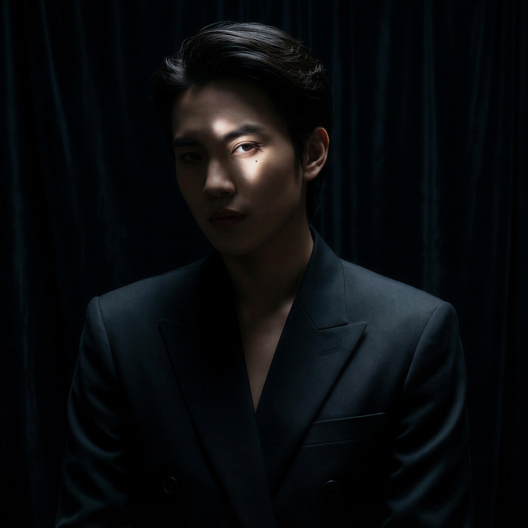 Vogue editorial style portrait, dramatic Rembrandt lighting setup, single small triangle of light under one eye, deep contrast shadows, moody atmosphere, confident solo pose against dark backdrop, high-resolution fashion photography, elegant intensity