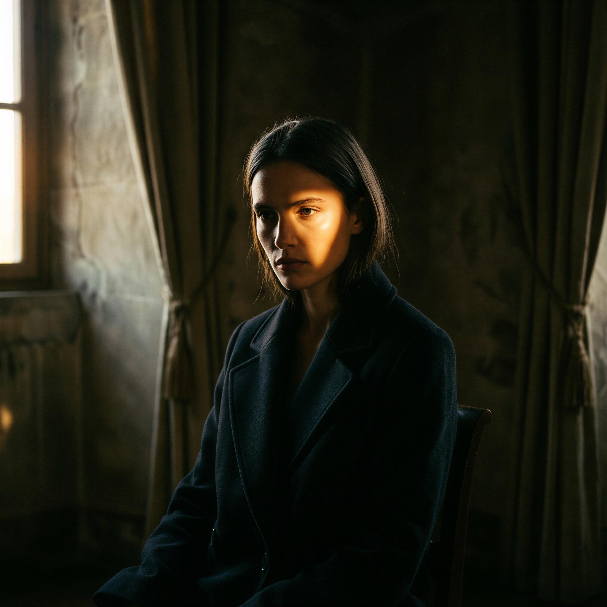 Vogue editorial style solo portrait, dark moody background, dramatic Rembrandt lighting creating a single triangle of light on one cheek, intense thoughtful expression, high contrast, deep atmospheric shadows, sharp focus, fine art photography quality, elegant minimalism