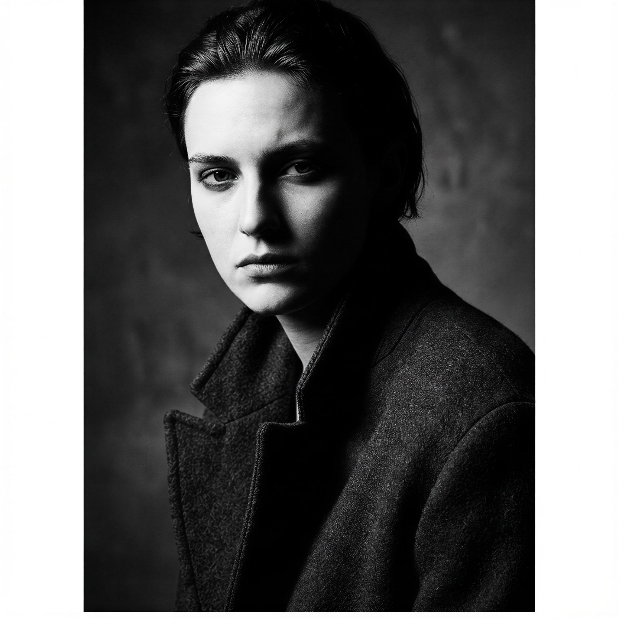 Vogue editorial style portrait, dramatic Rembrandt lighting, deep shadow creating sharp contrast on one side of the face, moody atmosphere, tight composition, intense contemplative mood, high-end fashion photography texture, studio backdrop, ultra-sharp focus