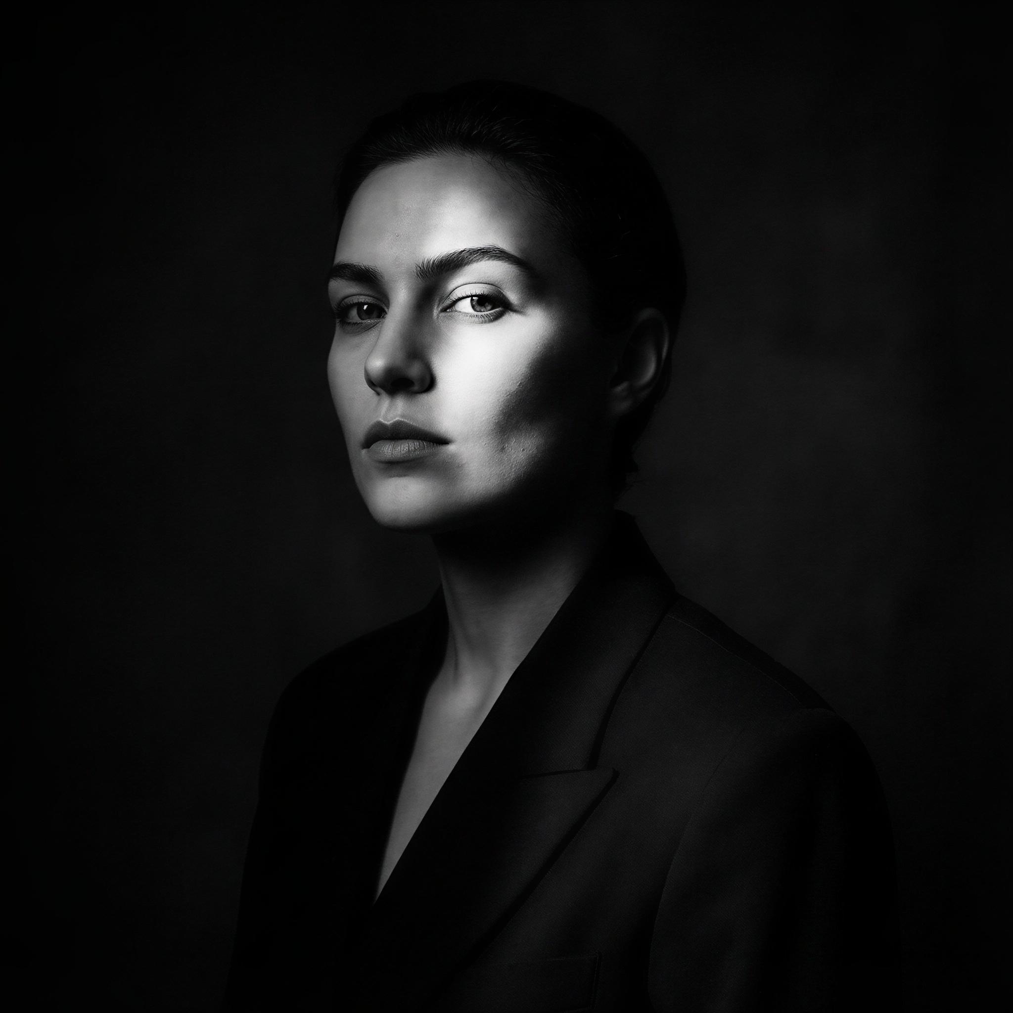 Vogue editorial style portrait, dark moody studio, dramatic Rembrandt lighting triangle on one cheek, deep shadows contrasting subject, intense confident mood, close-up composition, high contrast black and white, sharp focus, fine art photography quality