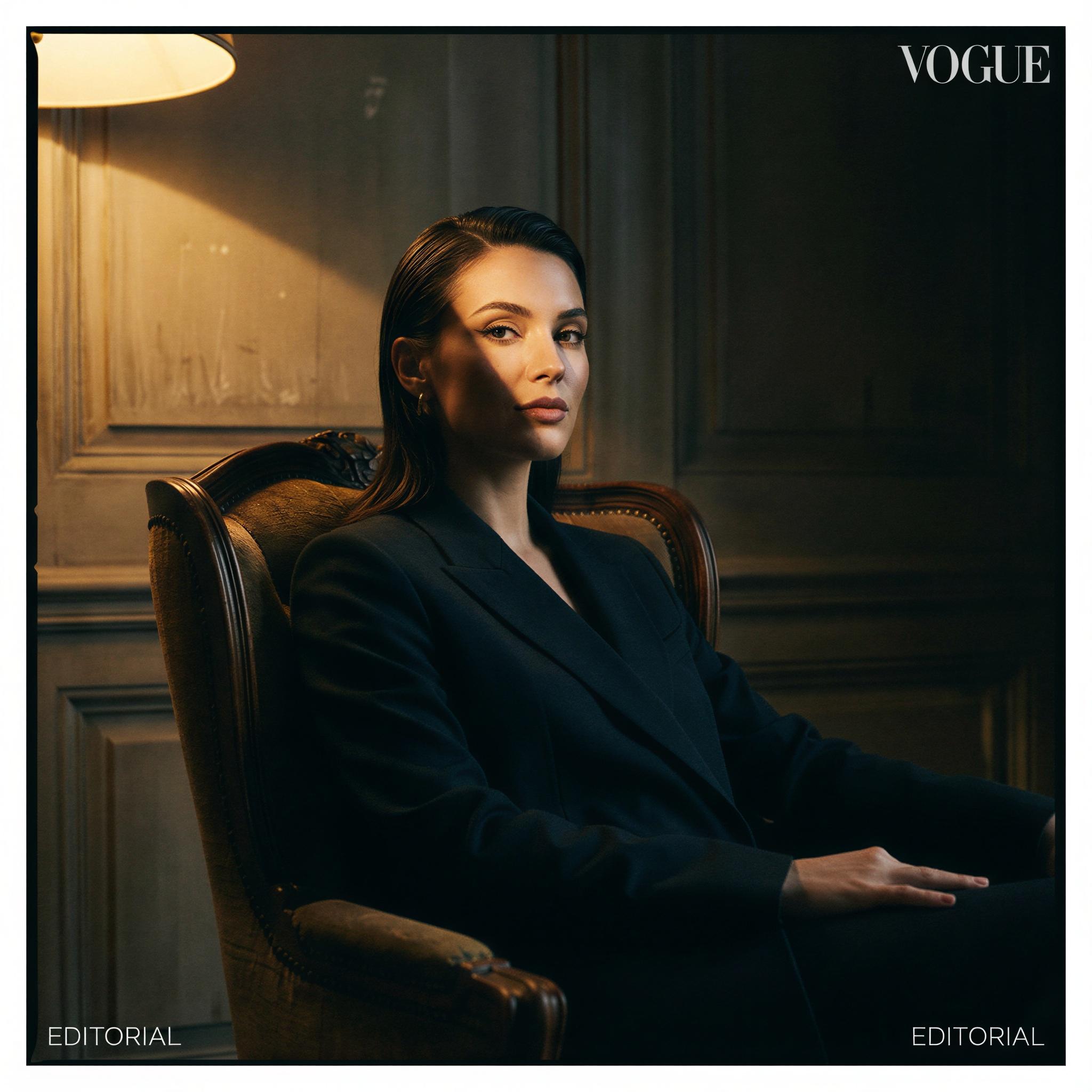 Vogue editorial style portrait, dramatic Rembrandt lighting setup, single key light creating distinct triangle shadow on cheek, deep contrast, moody atmospheric setting, confident elegant pose, sharp focus, high-end editorial photography quality