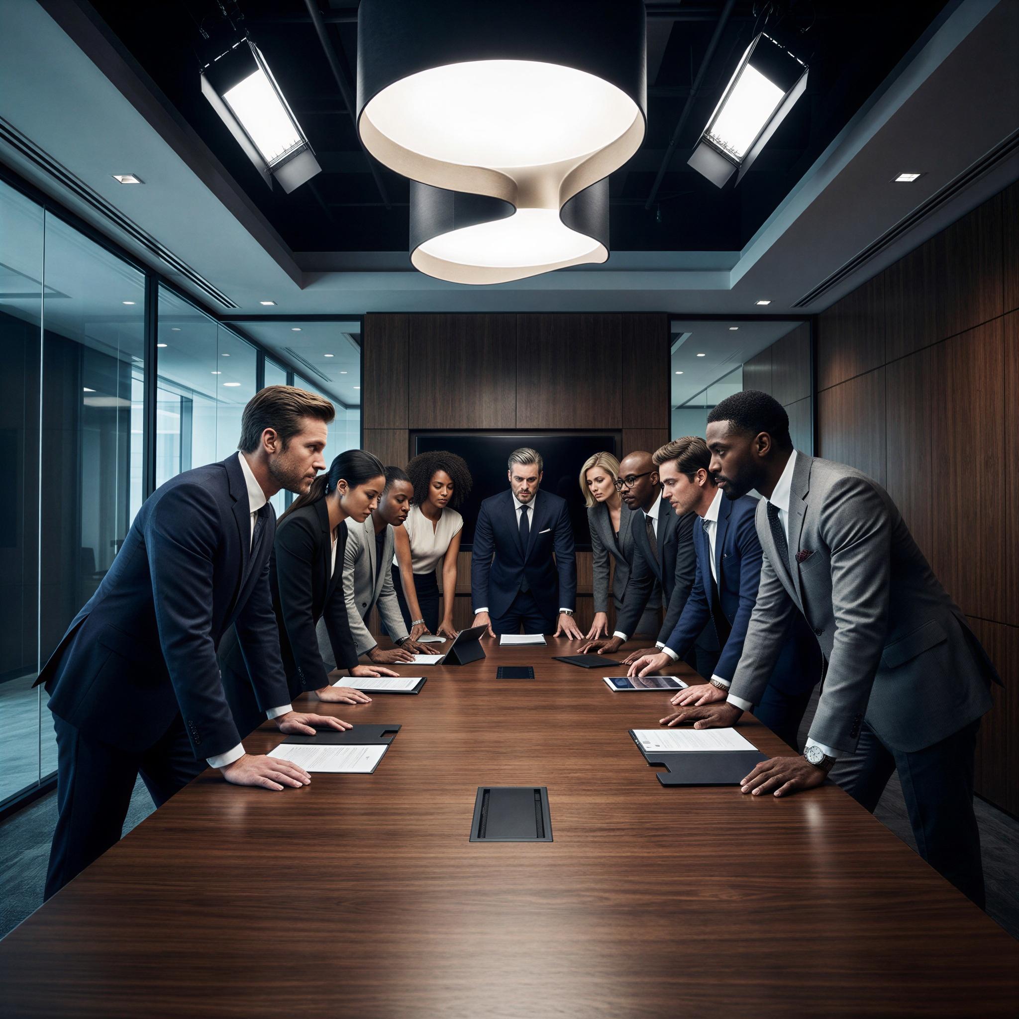 Vogue editorial style group photography, modern sleek boardroom setting, dramatic overhead studio lighting with defined shadows, diverse team members collaborating around a polished table, confident and focused atmosphere, wide-angle composition emphasizing unity, high-fashion corporate aesthetic