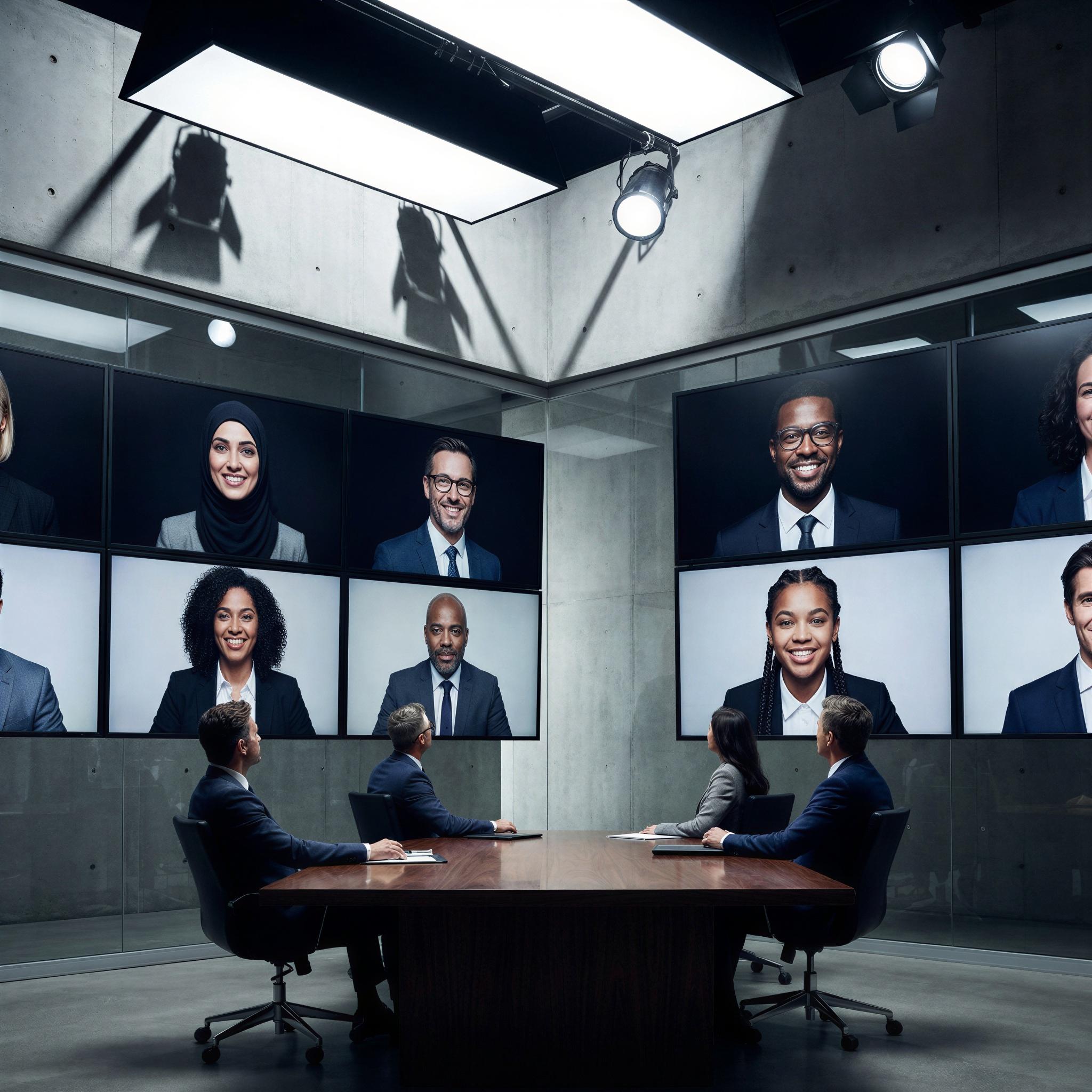 Vogue editorial style, diverse remote team members displayed on large screens in a modern, minimalist boardroom, dramatic overhead studio lighting casting sleek shadows, focused and confident atmosphere, dynamic composition showing connectivity, high-contrast professional imagery, crisp detail