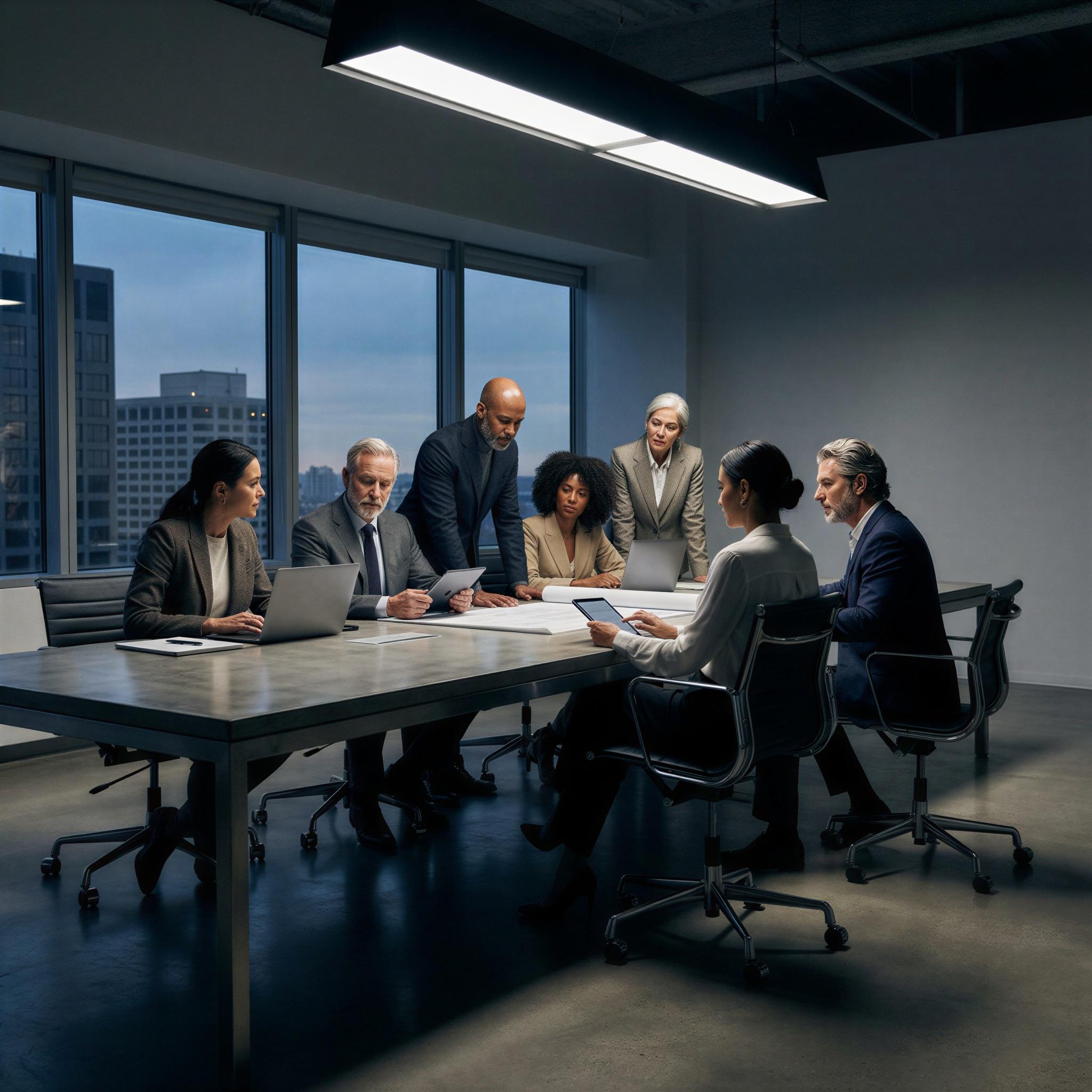 Vogue editorial style, diverse professional group collaborating around a modern sleek boardroom table, dramatic overhead studio lighting creating high contrast, atmosphere of confident synergy and focus, sharp composition, high-resolution corporate lookbook photography