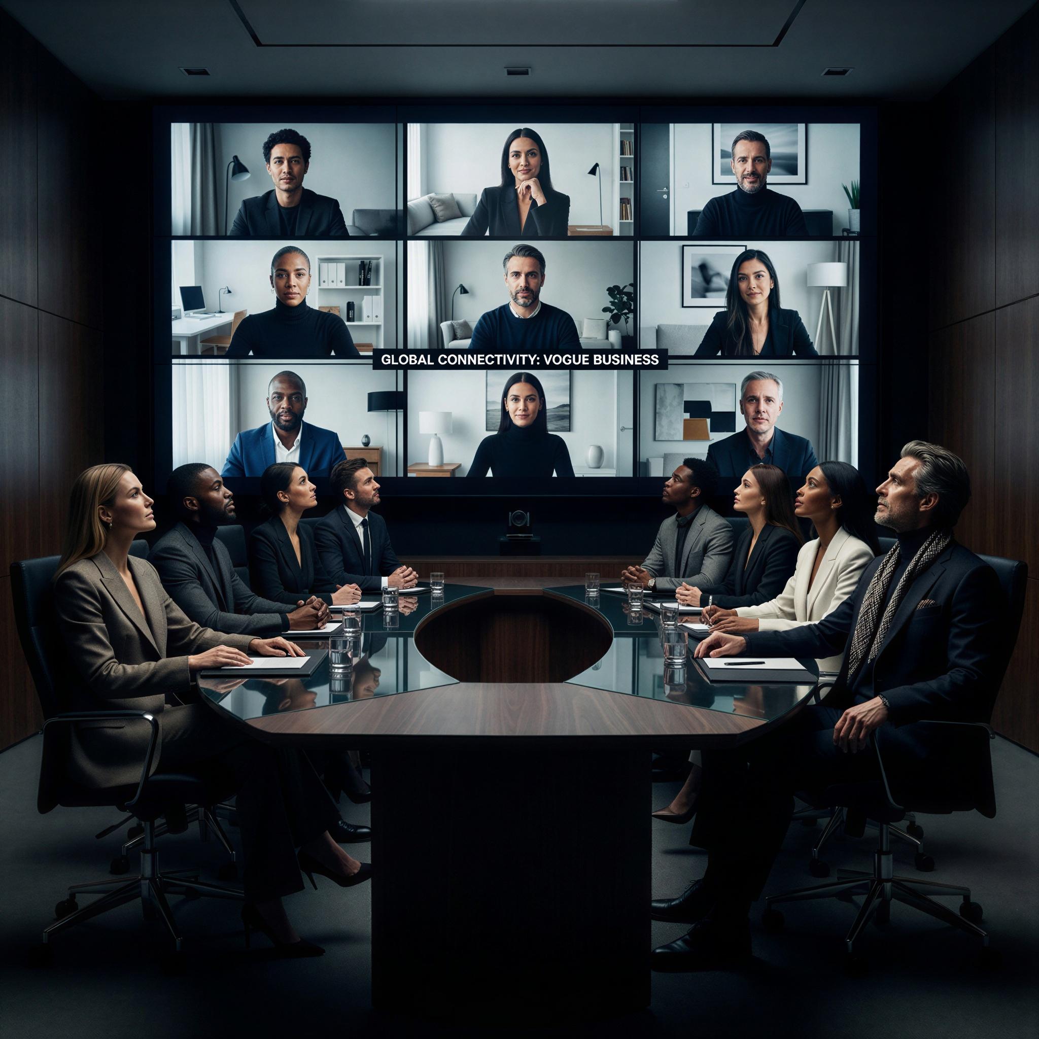Vogue editorial style, diverse remote team members virtually connected in a modern, sleek boardroom setting, dramatic high-contrast studio lighting, confident and engaged expressions, dynamic composition showcasing connectivity, sharp focus on screen displays, high-end corporate aesthetic