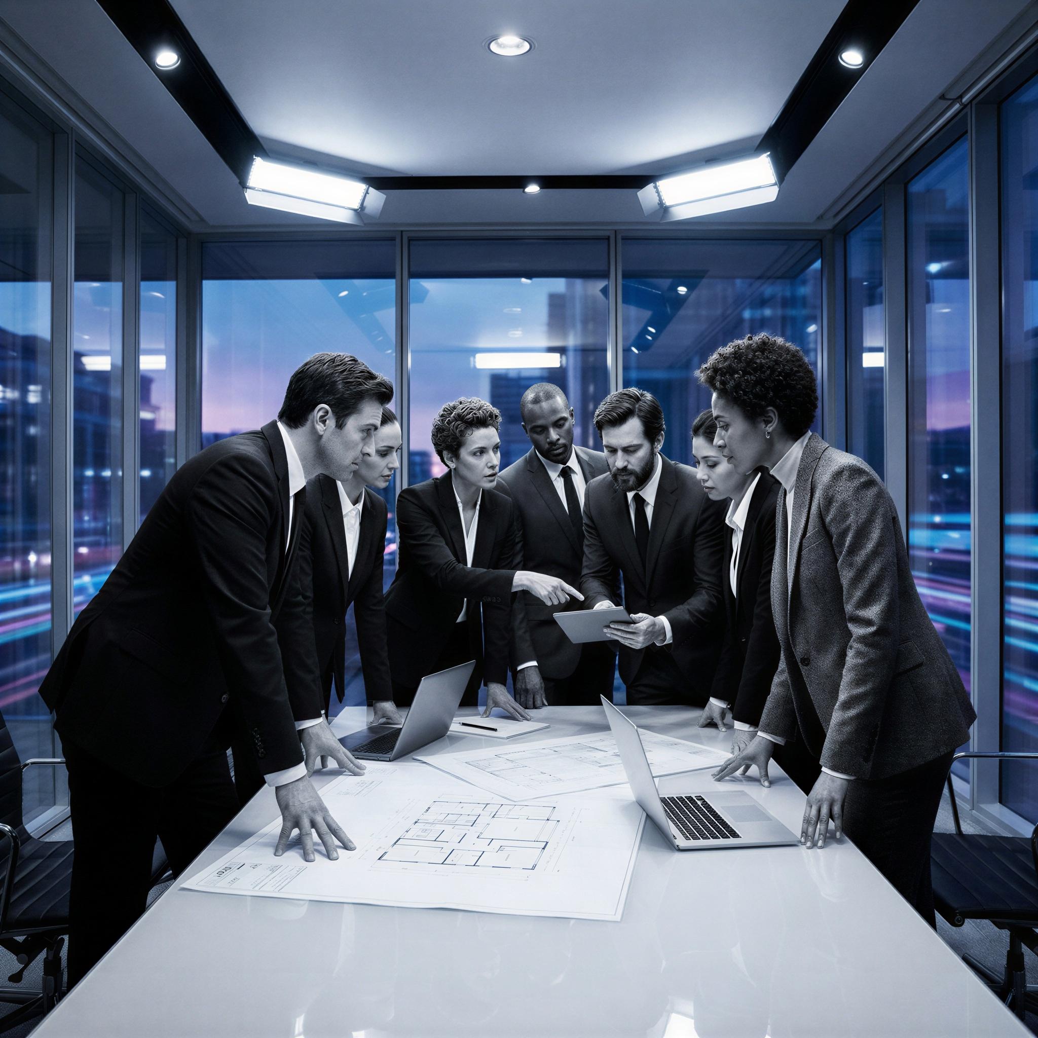 Vogue editorial style group photography, modern glass boardroom, dramatic overhead cool studio lighting emphasizing focus, diverse team members in professional attire collaborating intensely, high contrast tones, confident and serious mood, wide angle composition, high-resolution professional capture
