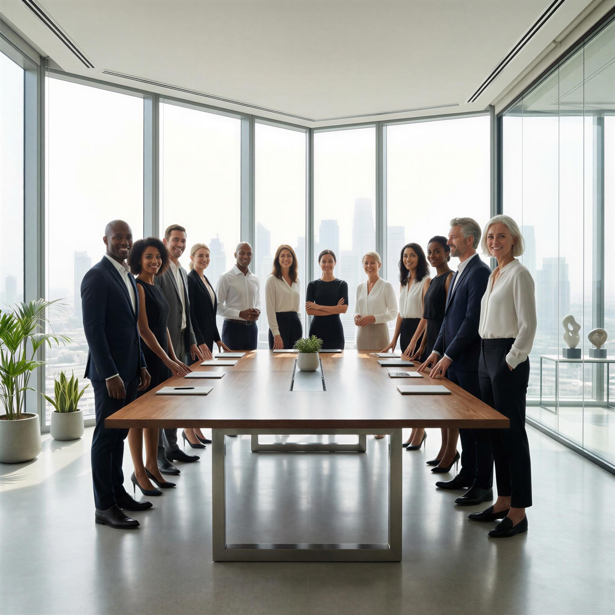 Vogue editorial style group photography, modern airy boardroom with city view, bright diffused daylight, diverse team standing confidently around a sleek table, sense of unity and professional synergy, low-angle wide shot, high-resolution commercial quality, elegant corporate atmosphere