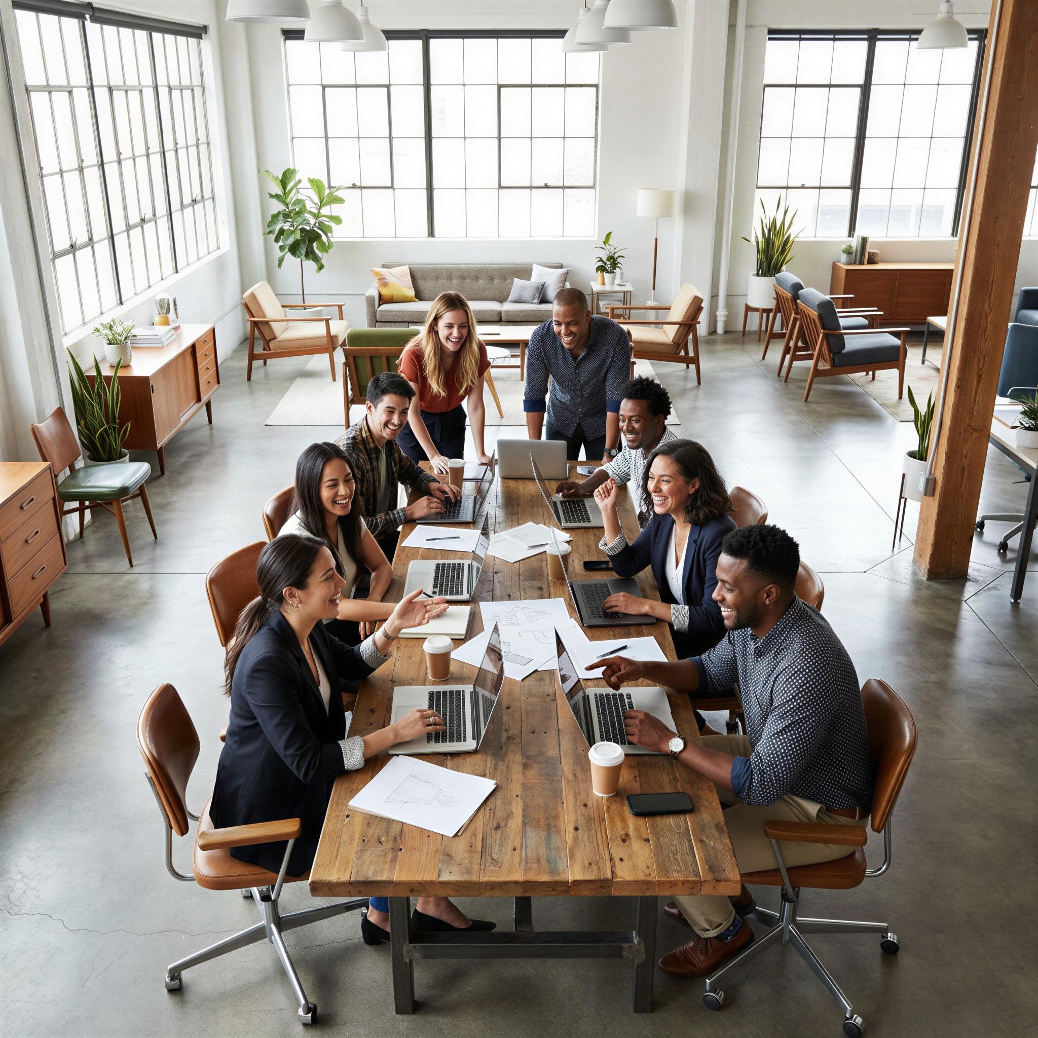 Vogue editorial style photography, bright modern co-working space, crisp overhead studio lighting, diverse team group collaborating around a large table, confident engaged expressions, sense of energized connection, high-angle wide shot, magazine quality corporate visual