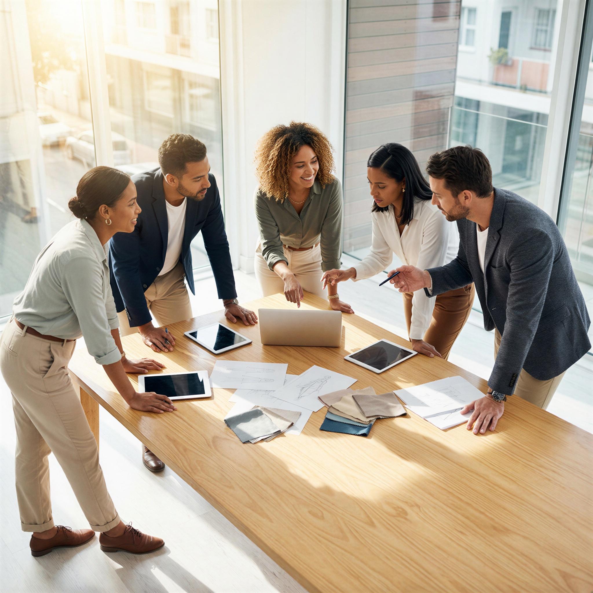 Vogue editorial style, overhead shot of diverse group collaborating around a sleek modern table, bright airy office, vibrant midday natural light streaming in, focused confident expressions, dynamic composition, high-resolution professional lookbook image, successful teamwork aesthetic