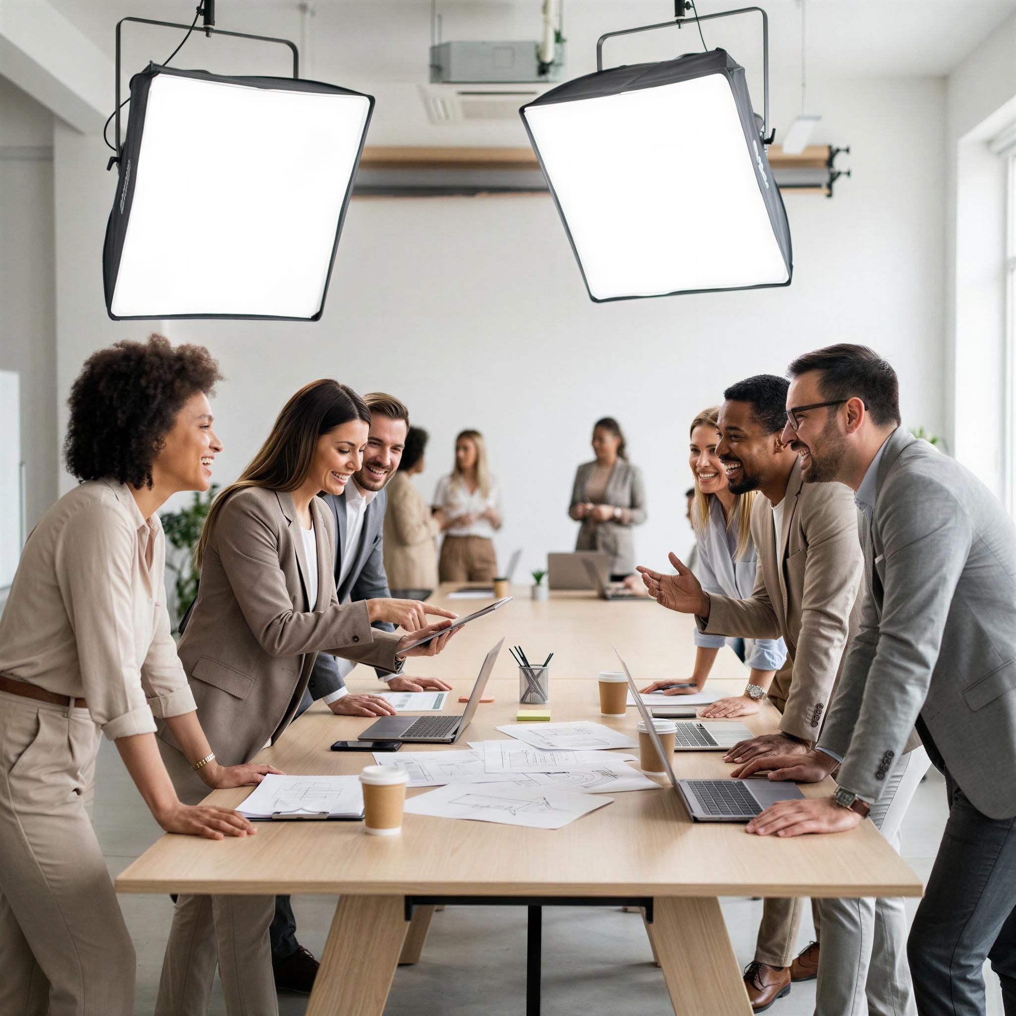 Vogue editorial style, modern open-plan office interior, bright diffused overhead studio lighting, diverse team members interacting around a large table, confident and engaged atmosphere, dynamic mid-shot composition, high-resolution corporate aesthetic, professional collaboration energy