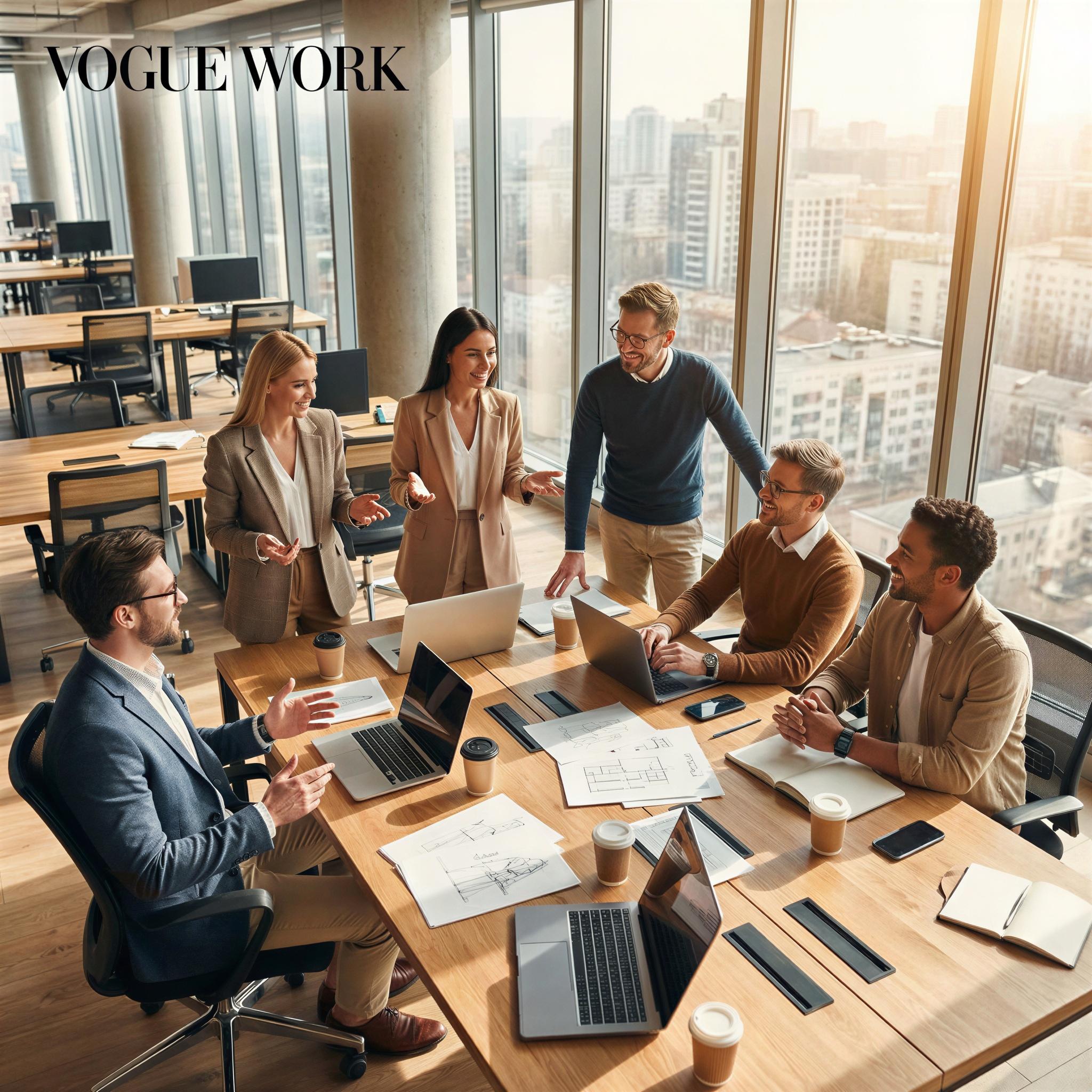 Vogue editorial style group photography, bright modern open-plan office setting, dynamic natural daylight from large windows, team collaborating around a table, confident professional energy, high-angle group composition, sharp focus, magazine quality corporate lifestyle shot