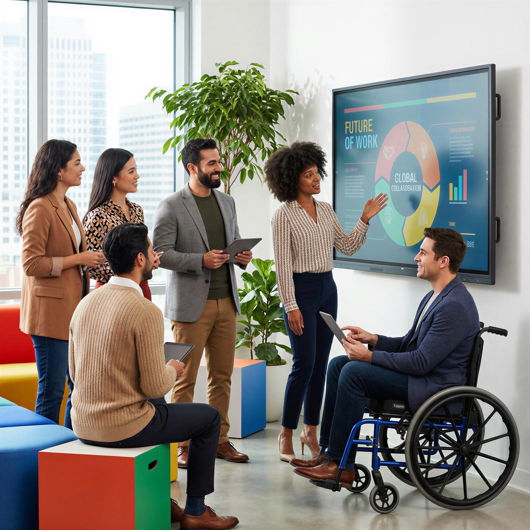 Vogue editorial style photography, vibrant modern office space, high-key even studio lighting, diverse remote team group collaborating around a large digital screen, confident engaged atmosphere, dynamic mid-shot composition, sharp focus, corporate elegance, high-resolution professional image