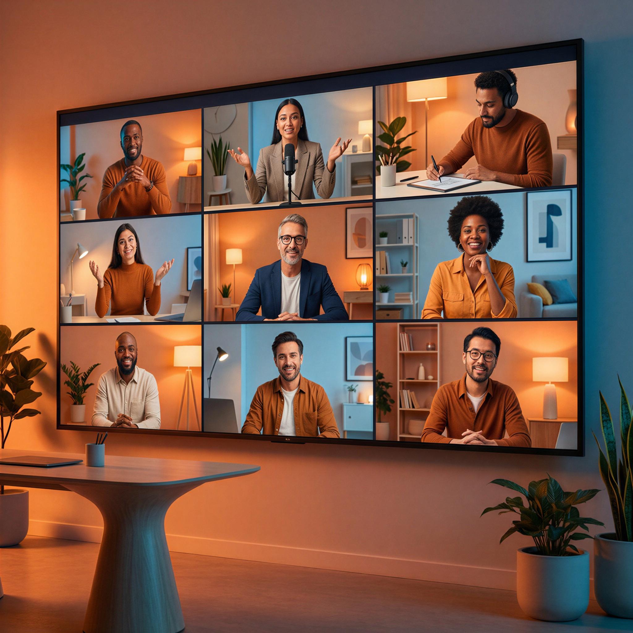 Vogue editorial style, remote team meeting captured in stylized grid overlay, vibrant screen glow lighting, modern minimalist office setting backdrop, sense of confident collaboration and connection, dynamic composition showing focused interaction, high-resolution, professional team cohesion