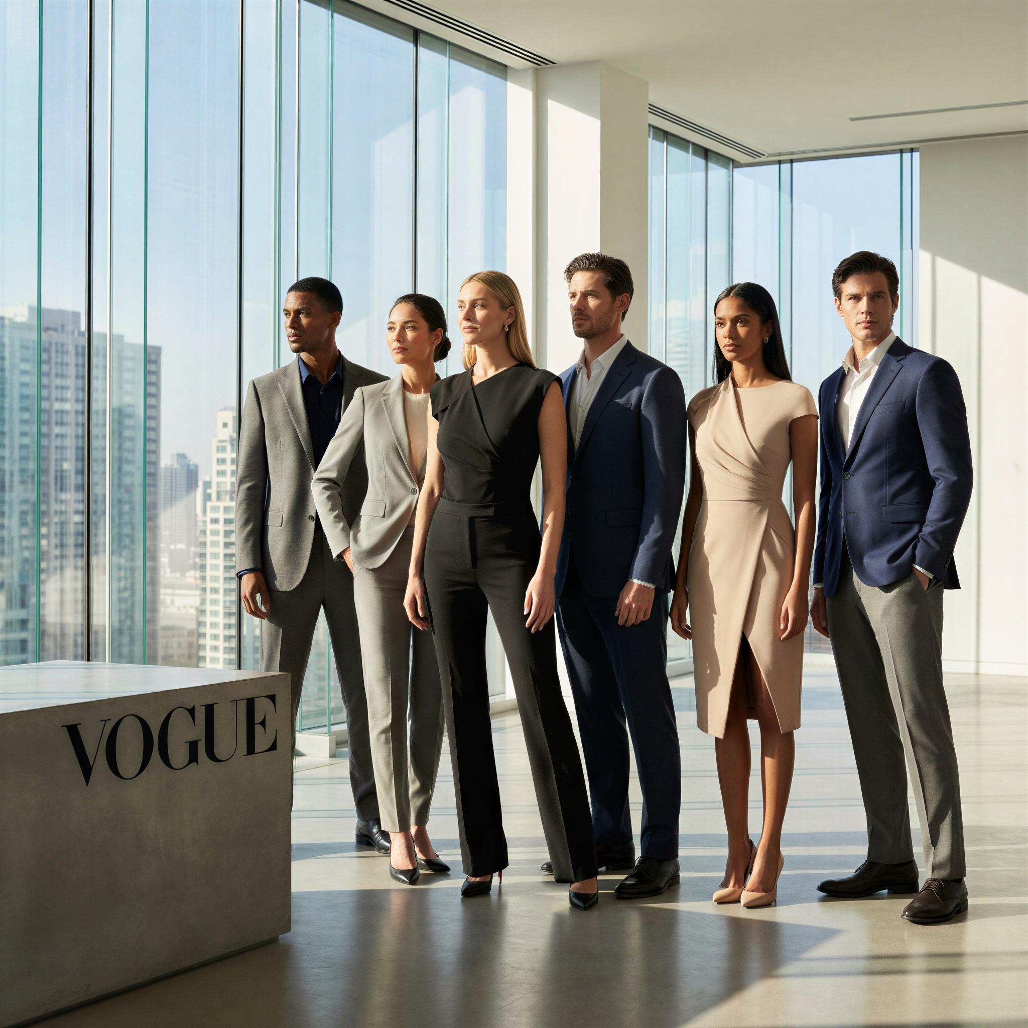 Vogue editorial style, modern minimalist office setting, bright daylight streaming through large windows, diverse group standing confidently side-by-side, professional and forward-looking expressions, dynamic composition, high-resolution corporate portrait, sense of unified success