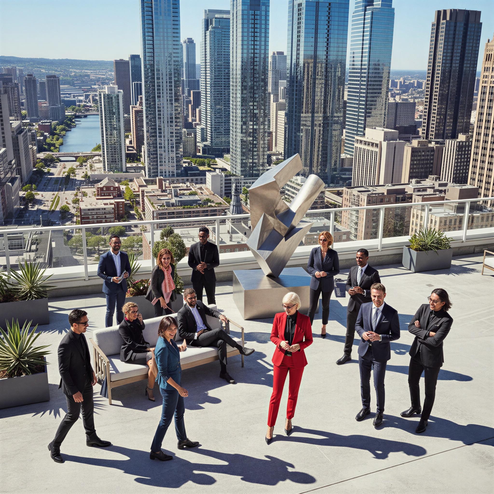 Vogue editorial style, diverse professional group outdoors on a modern rooftop terrace, bright midday natural light creating crisp shadows, confident and collaborative posing, high-angle wide shot emphasizing urban backdrop, sharp focus, high-resolution editorial quality