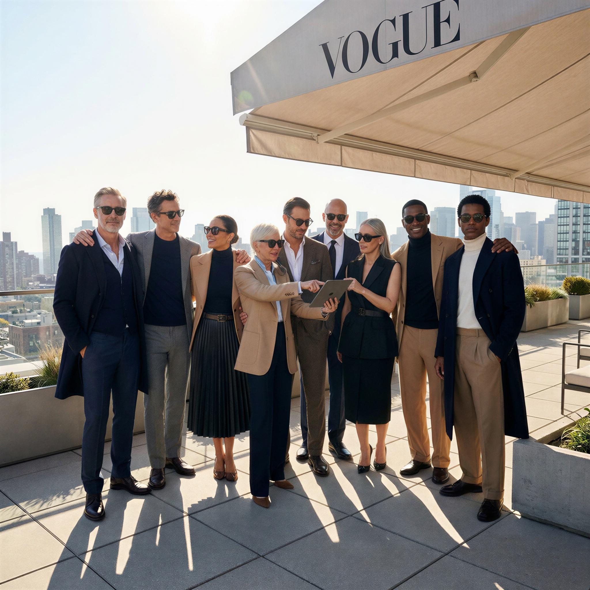 Vogue editorial style group photography, diverse team gathered in bright urban rooftop setting, crisp midday sunlight creating sharp yet flattering highlights, confident and forward-looking poses, wide angle composition, symbolizing seamless collaboration, high-resolution fashion editorial quality