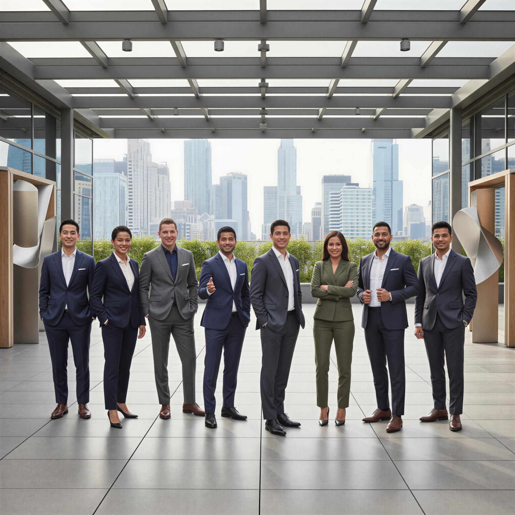 Vogue editorial style group photography, modern open-air architectural terrace, bright diffused midday sunlight, diverse team standing confident in dynamic formation, feeling of successful collaboration, sharp focus, high-resolution editorial quality, professional success tone