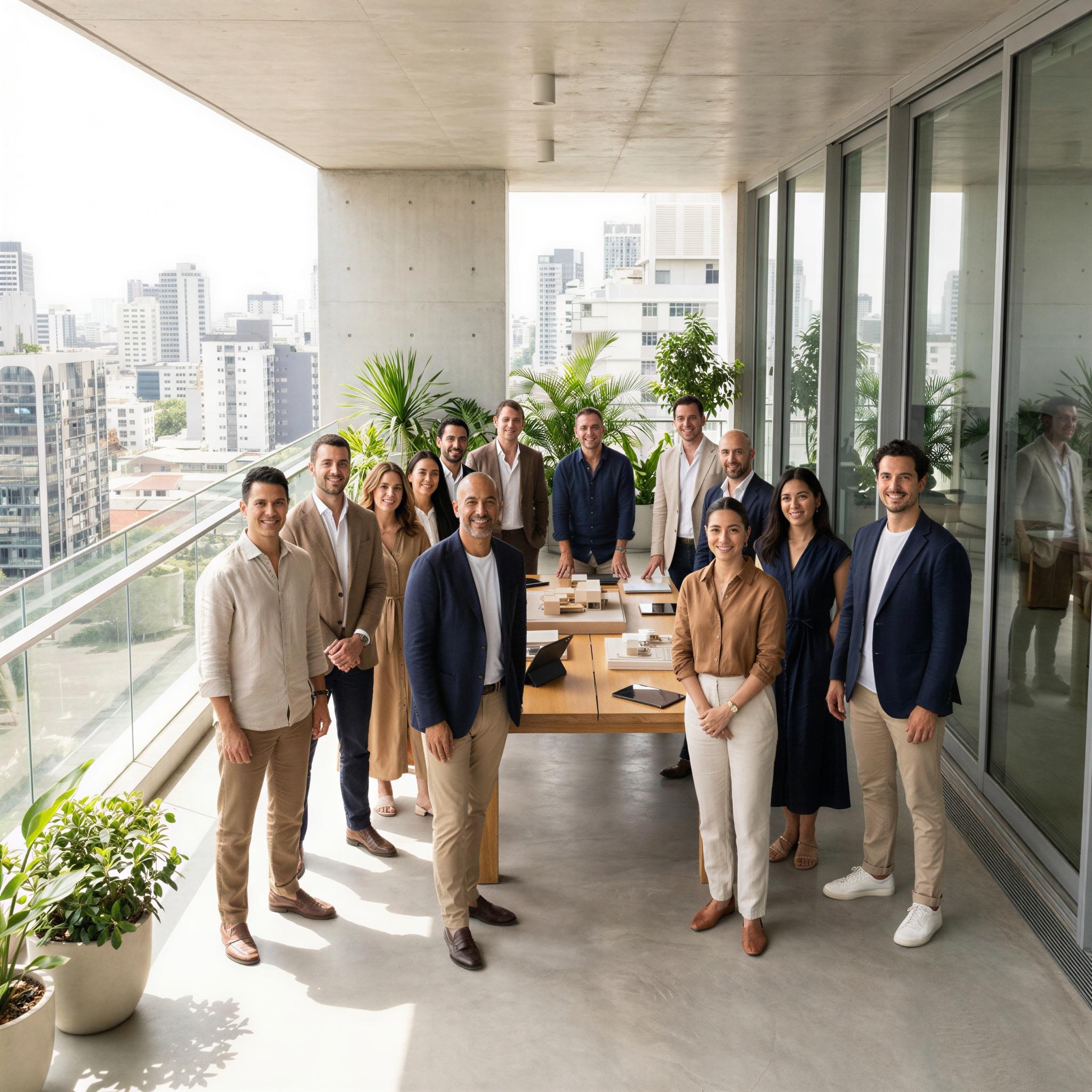 Vogue editorial style group photography, modern airy architectural terrace, bright diffused daylight, diverse team standing confidently in business casual attire, collaborative professional atmosphere, wide angle shot emphasizing connection, high resolution editorial quality