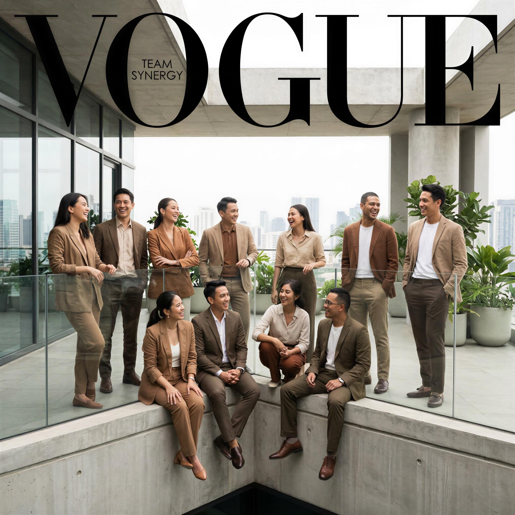 Vogue editorial style, diverse group outdoors on modern architectural terrace, bright diffused daylight, confident poses, professional yet relaxed atmosphere, wide-angle shot emphasizing connection, high-resolution editorial clarity, achieving seamless team synergy