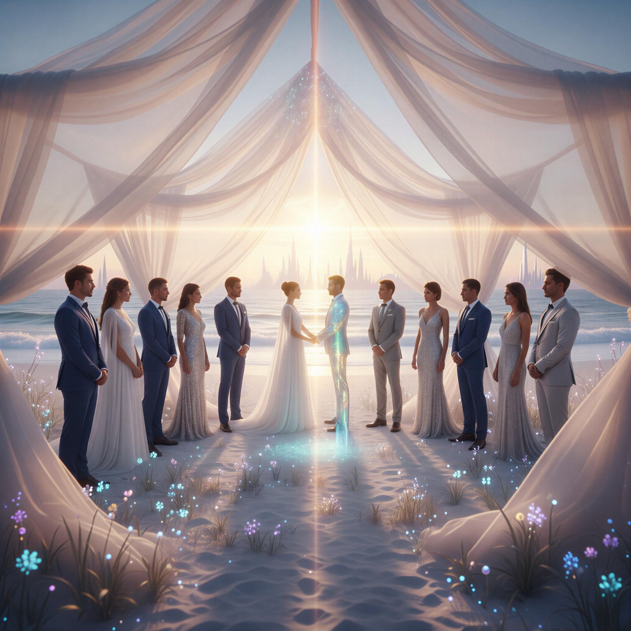 Vogue editorial style, virtual wedding scene, ethereal beachfront setting at dusk, soft glowing backlight filtering through sheer fabrics, group standing solemnly, elegant formal attire, joyful and hopeful atmosphere, wide-angle cinematic composition, high-resolution editorial quality