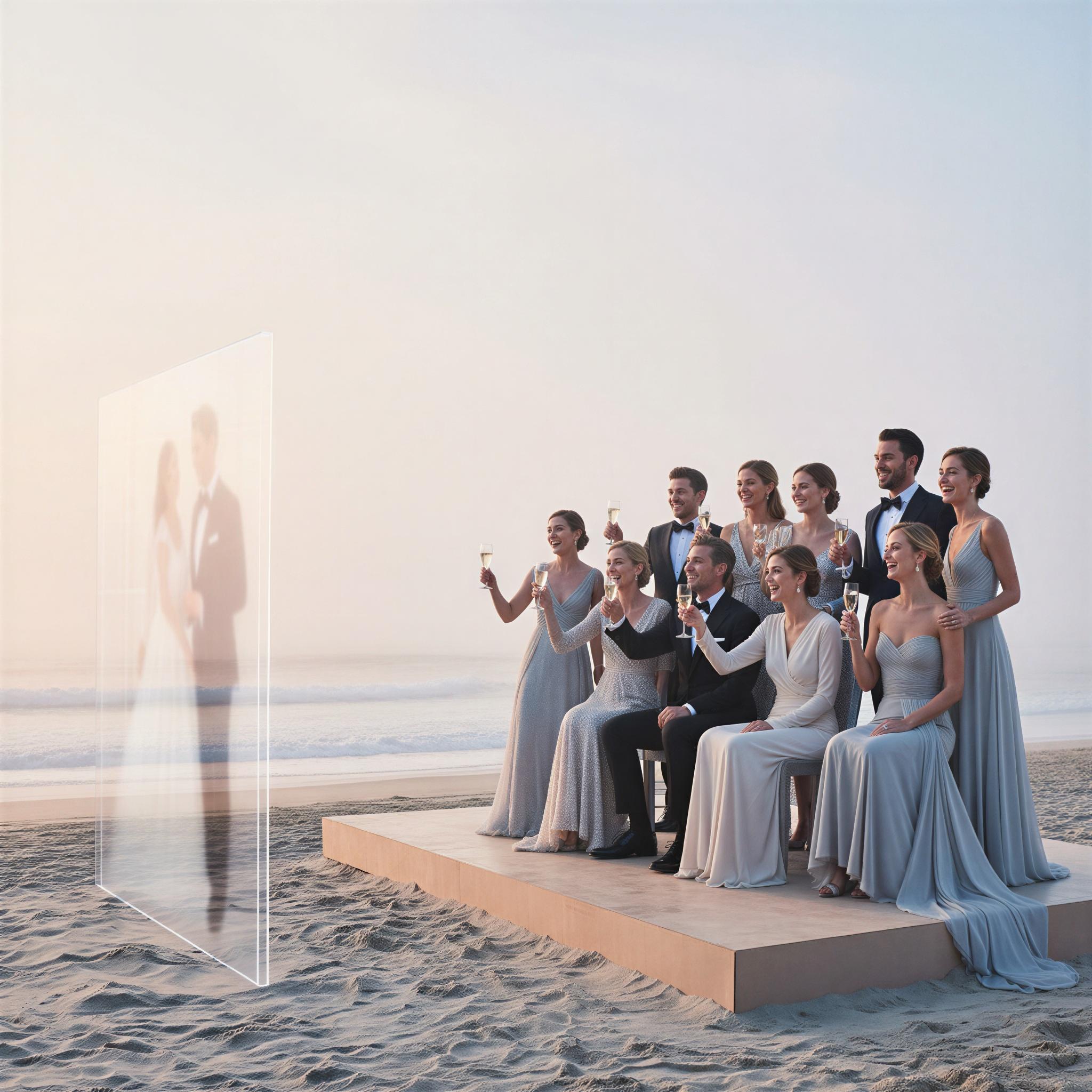 Vogue editorial style, virtual wedding group photo, ethereal seaside setting during early morning mist, soft diffused natural light, figures grouped elegantly looking towards a central screen off-camera, elegant formal attire, joyful and celebratory mood, high-resolution fashion photography