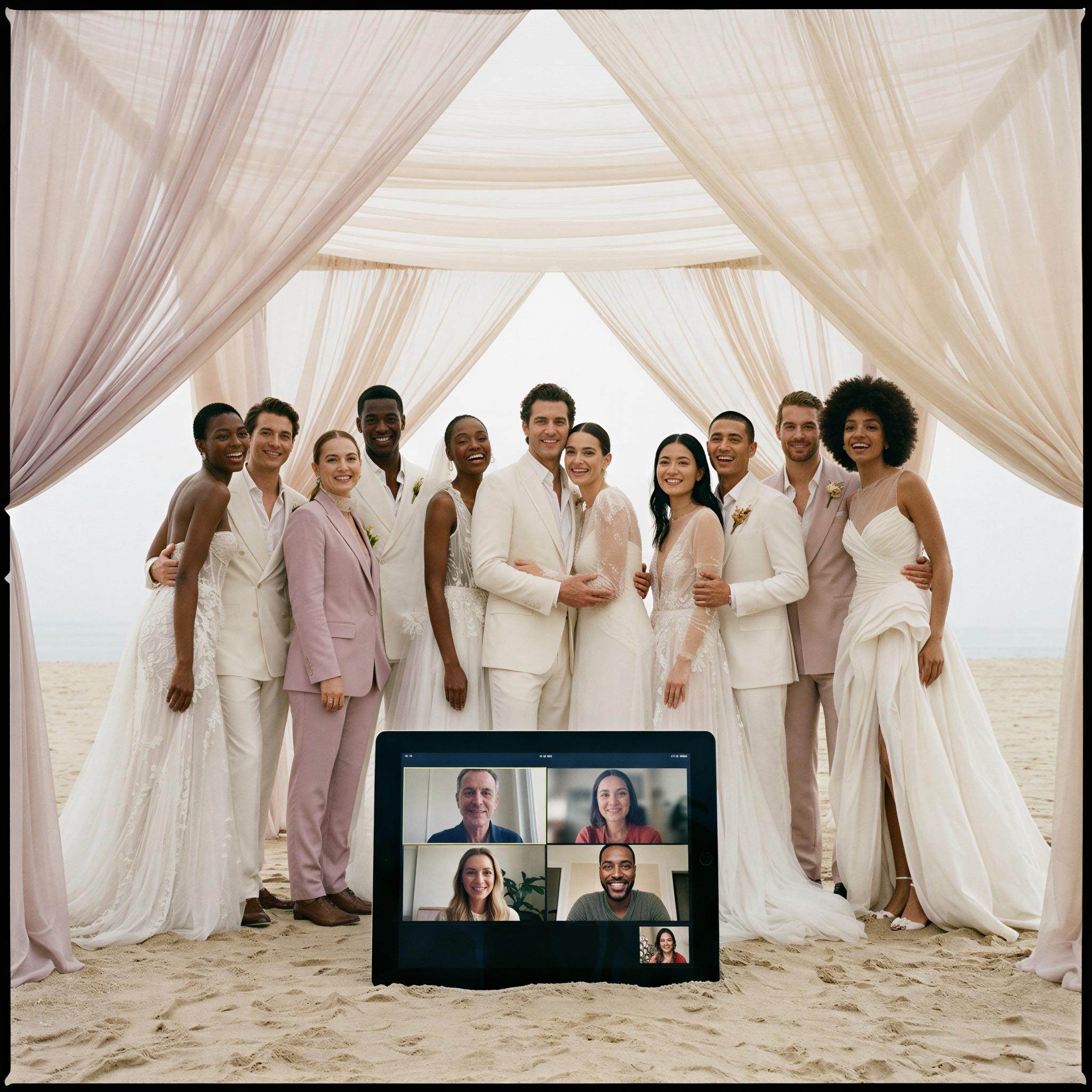 Vogue editorial style, ethereal beach wedding scene, soft overcast natural light filtering through sheer drapery, diverse group standing elegantly, focused on shared joy and connection, wide angle composition, high fashion bridal wear, cinematic quality, sense of shared virtual celebration