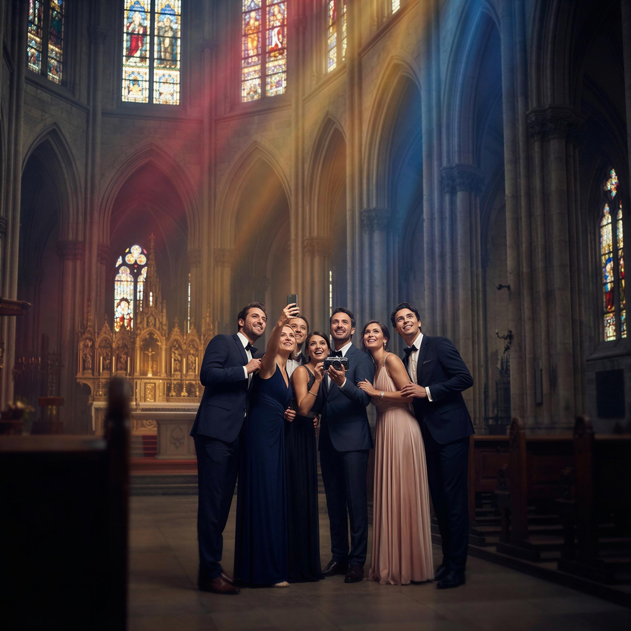 Vogue editorial style photography, grand cathedral interior, dramatic stained glass light filtering through space, group of attendees capturing a moment, expectant and joyful mood, elevated formal wear, shallow depth of field capturing central focus, cinematic high-resolution photography