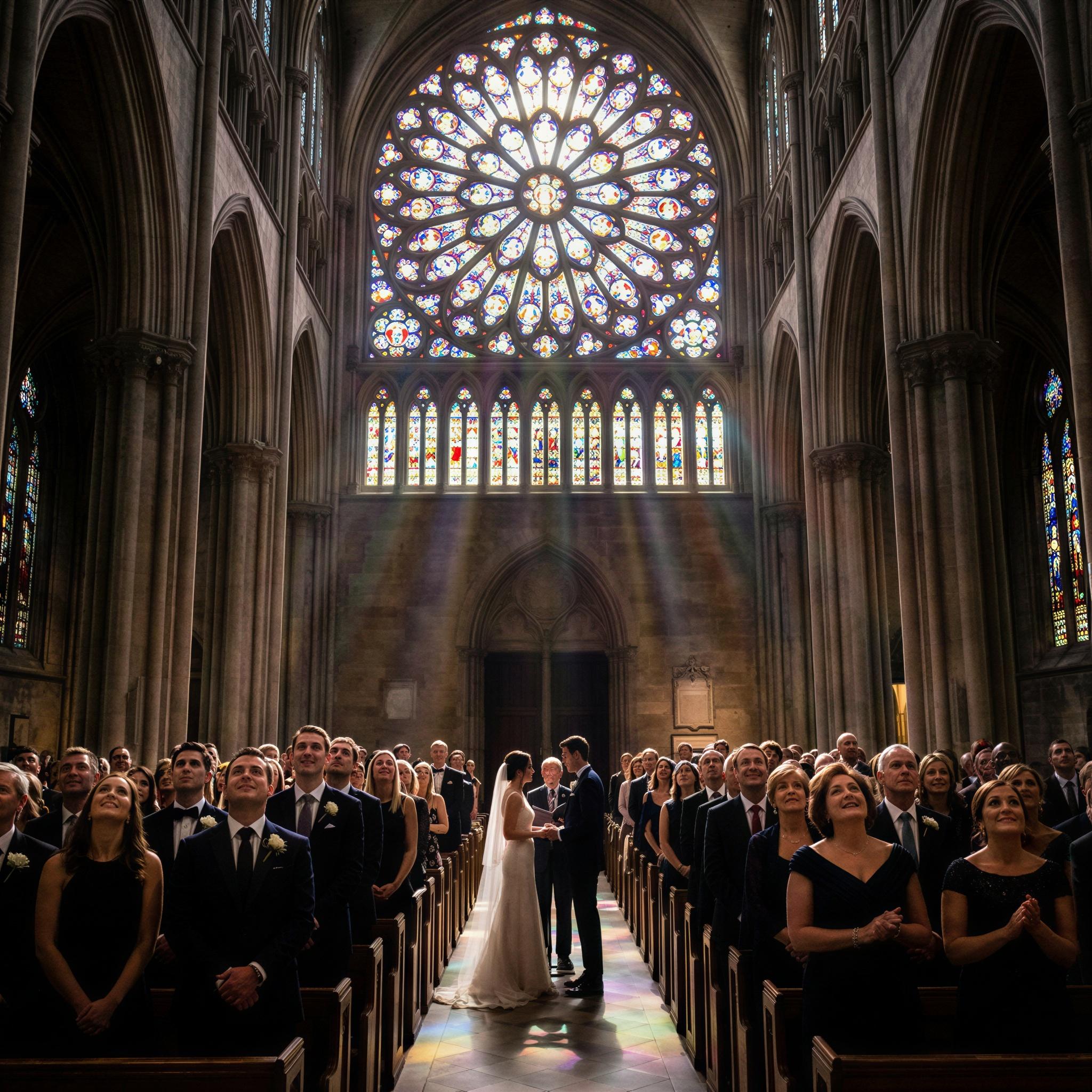 Vogue editorial style, grand cathedral ceremony, dramatic high contrast lighting filtering through stained glass, group shot of attendees captured during the vows, atmosphere of awe and solemn joy, wide angle composition, high-resolution cinematic quality, capturing shared significance