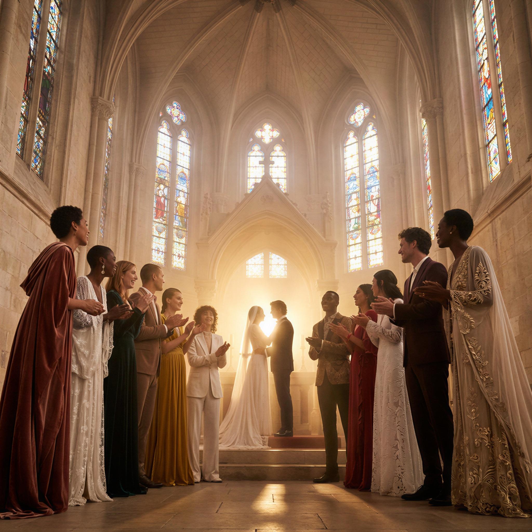 Vogue editorial style, grand, ethereal church ceremony setting, dramatic shafts of stained-glass light cutting through haze, group of elegantly dressed figures witnessing a central event, profound sense of joy and sacred connection, high contrast, dynamic framing, ultra-detailed editorial photography