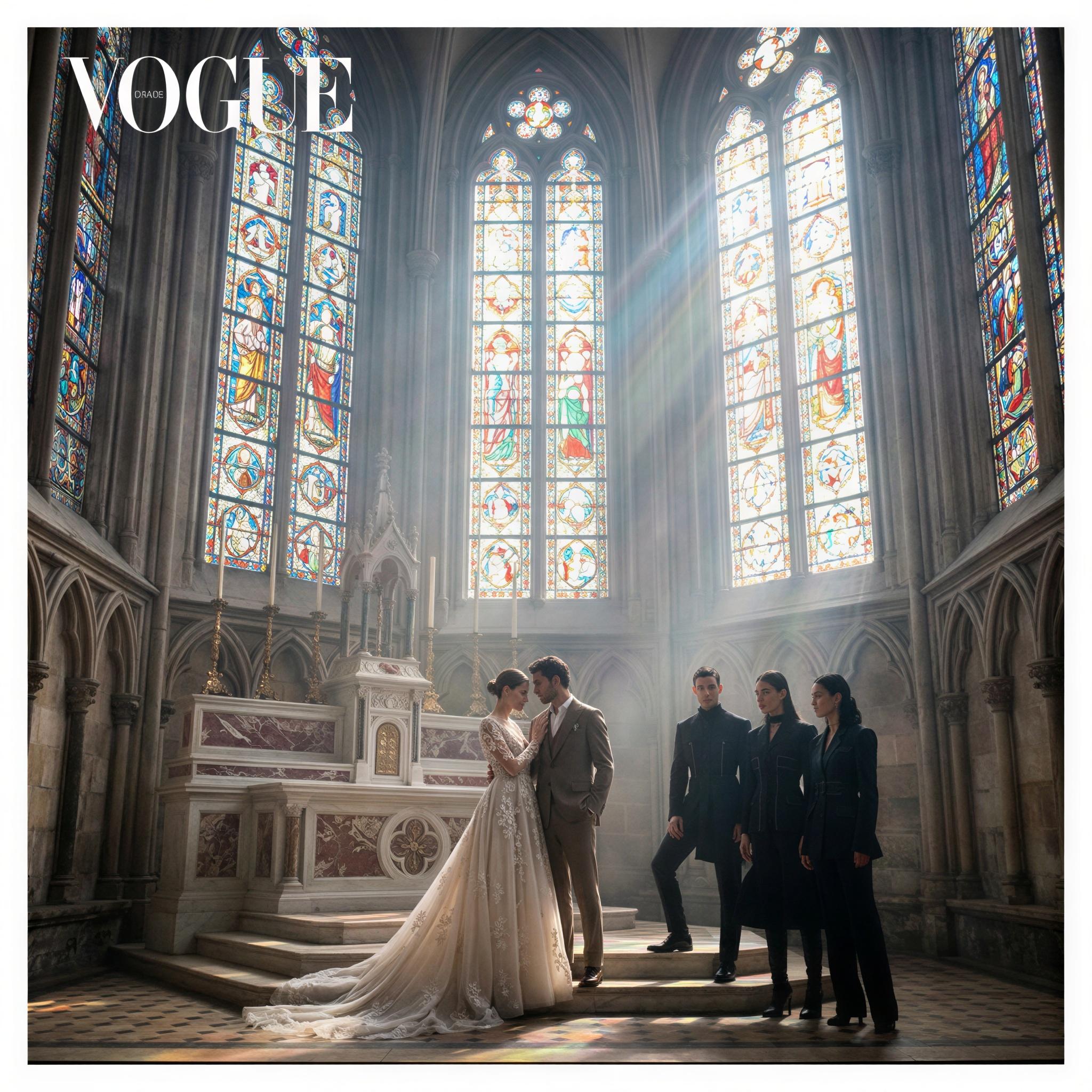 Vogue editorial style group photography, grand cathedral setting, dramatic stained-glass window light filtering through haze, couple and small group standing near altar, elegant and reverent mood, wide-angle composition capturing scale, magazine quality high-fashion wedding shot
