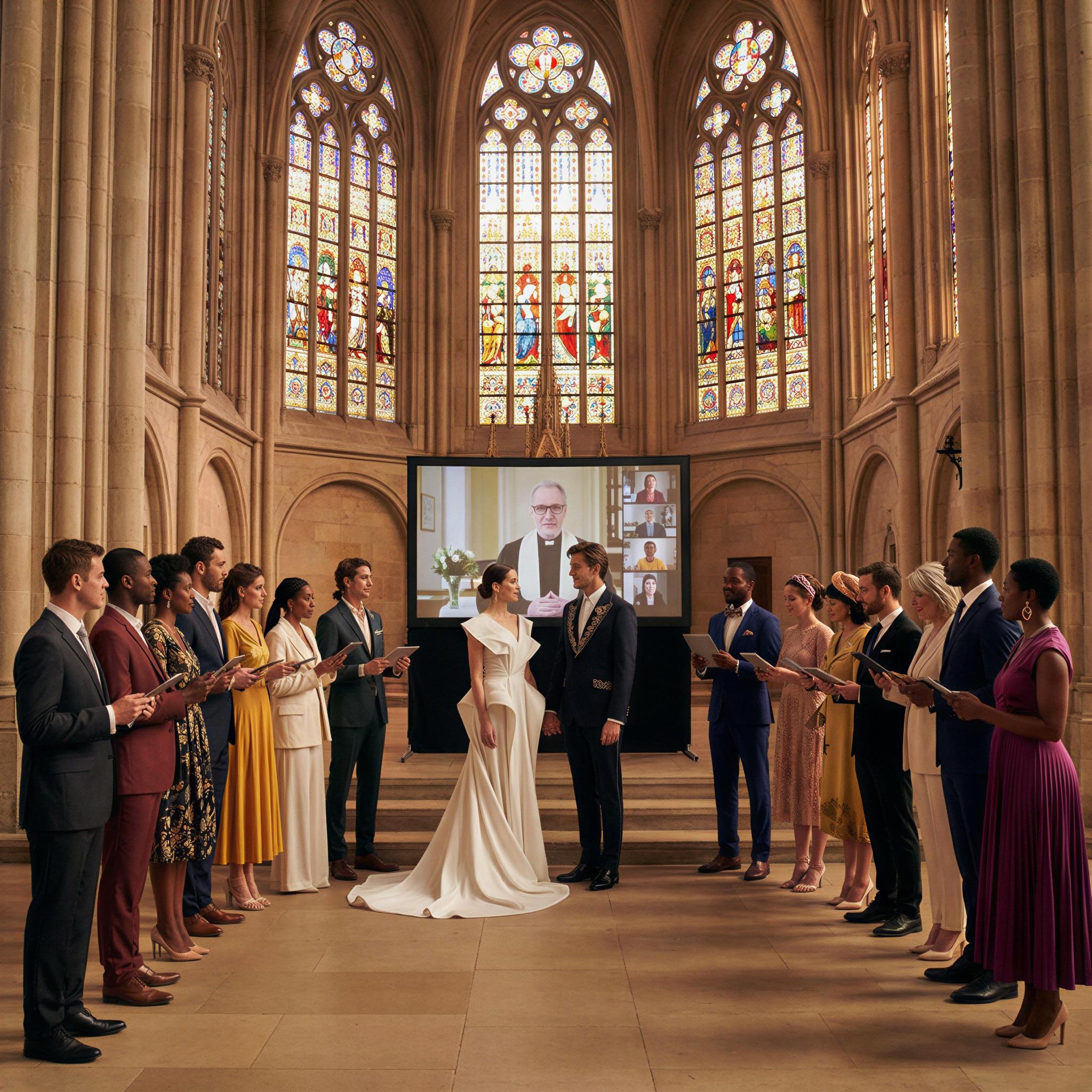 Vogue editorial style, virtual wedding ceremony, grand cathedral interior with stained glass filtering dramatic light, elegant group gathered in stylized formal wear, atmosphere of reverence and joy, wide-angle composition, high-resolution editorial quality, captured moment of shared commitment