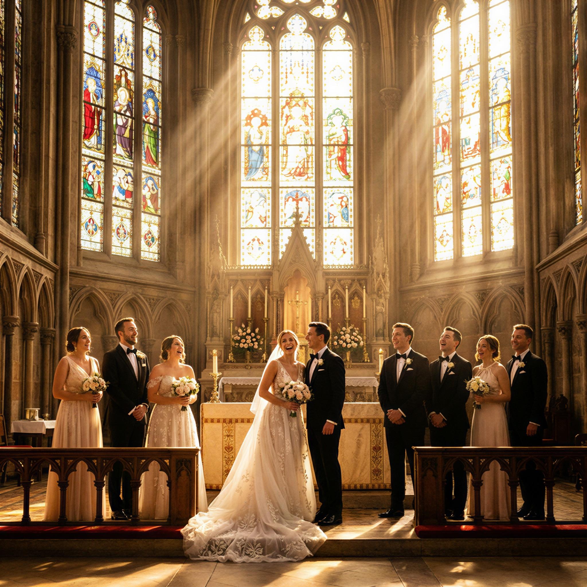 Vogue editorial style wedding photography, grand sunlit church interior, dramatic shafts of light through stained glass, ecstatic group standing at altar, formal elegant attire, atmosphere of joyous celebration, wide-angle composition, high-resolution professional capture