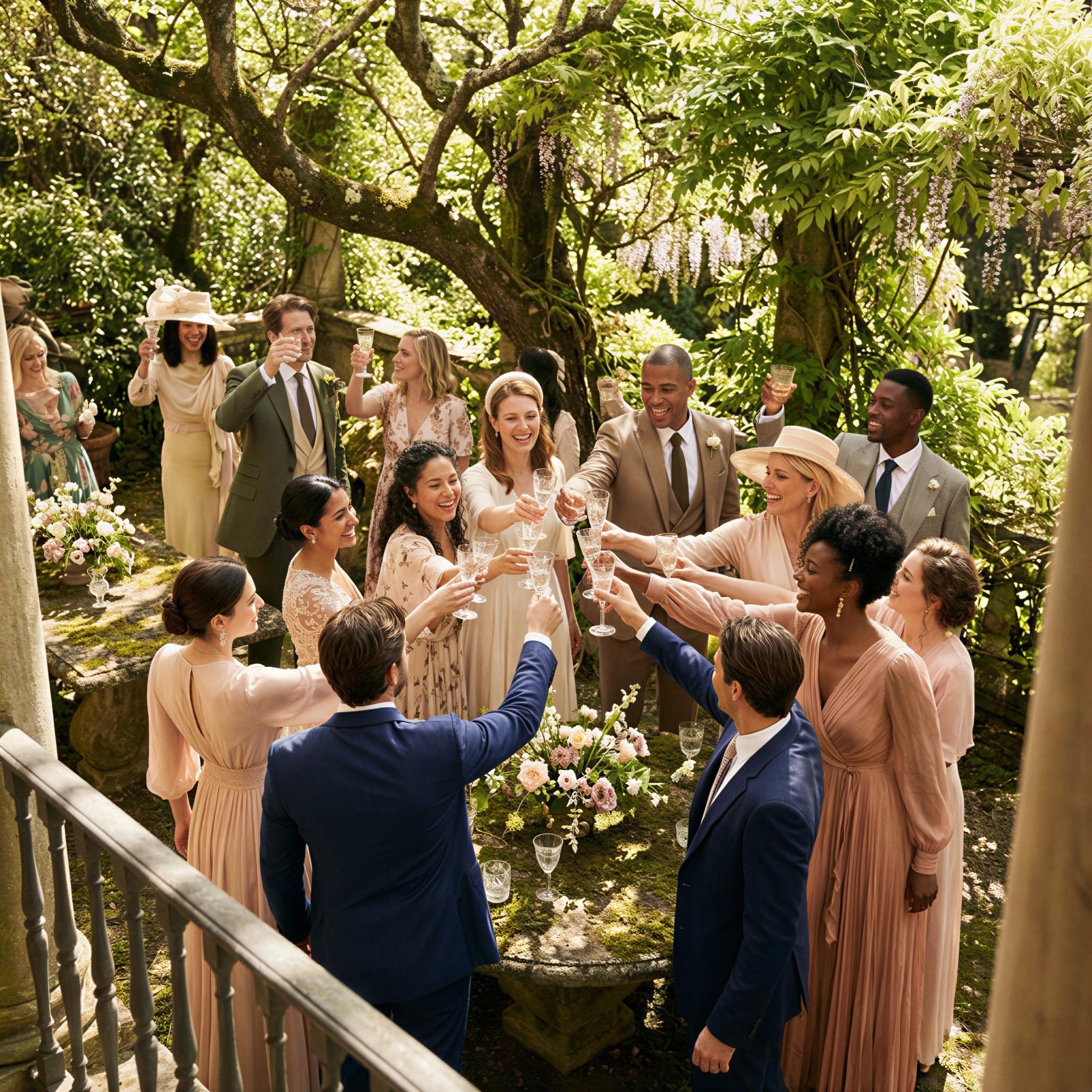 Vogue editorial style photography, lush green garden reception setting, dappled sunlight through leaves, group of elegantly dressed figures raising glasses in toast, joyful and celebratory mood, high-angle group shot, sharp focus on celebratory moment, magazine quality event coverage