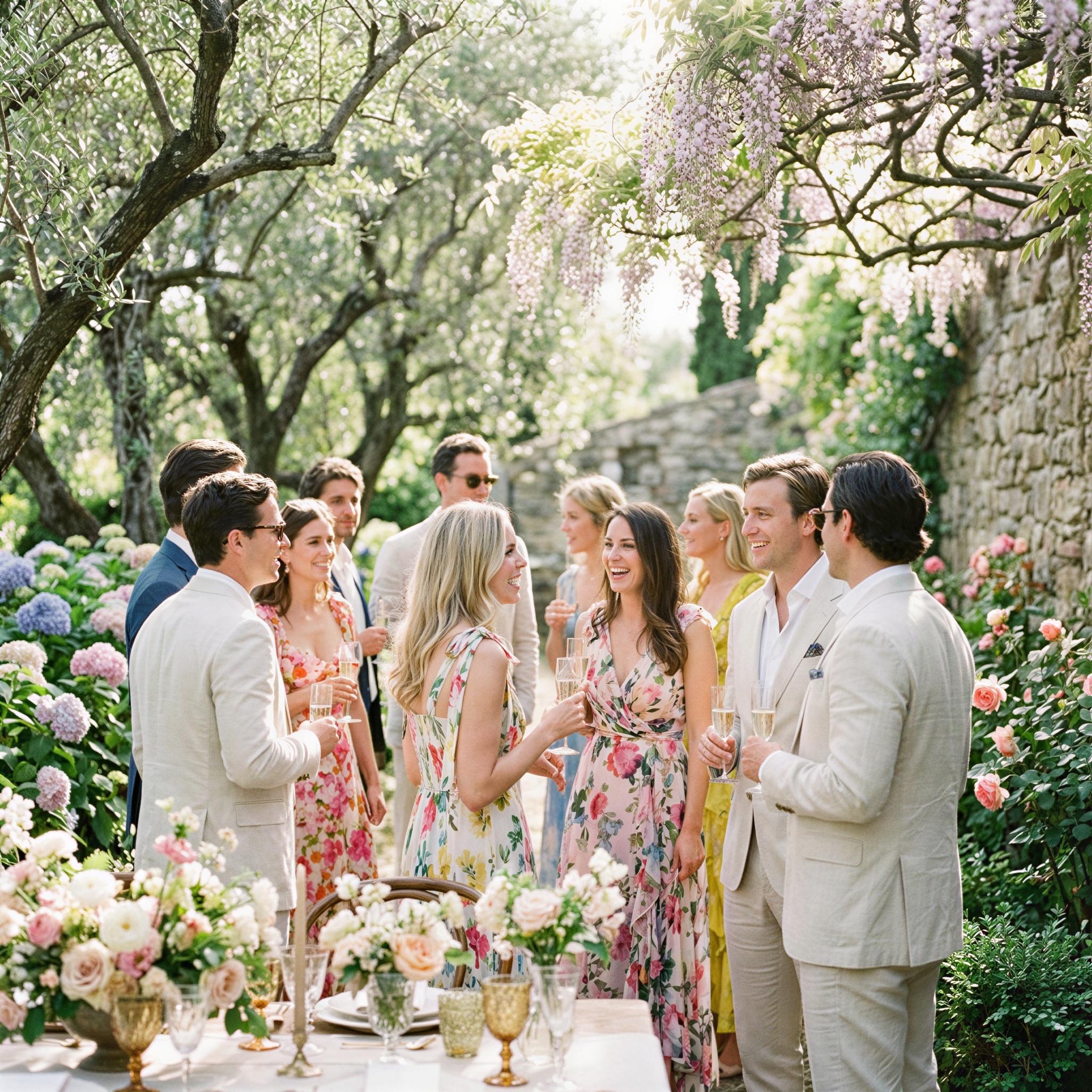 Vogue editorial style, vibrant garden reception setting, dappled sunlight filtering through leaves, elegant group of guests mingling naturally, joyful and celebratory atmosphere, medium group shot, high-resolution fine art photography, elegant wedding attire focus