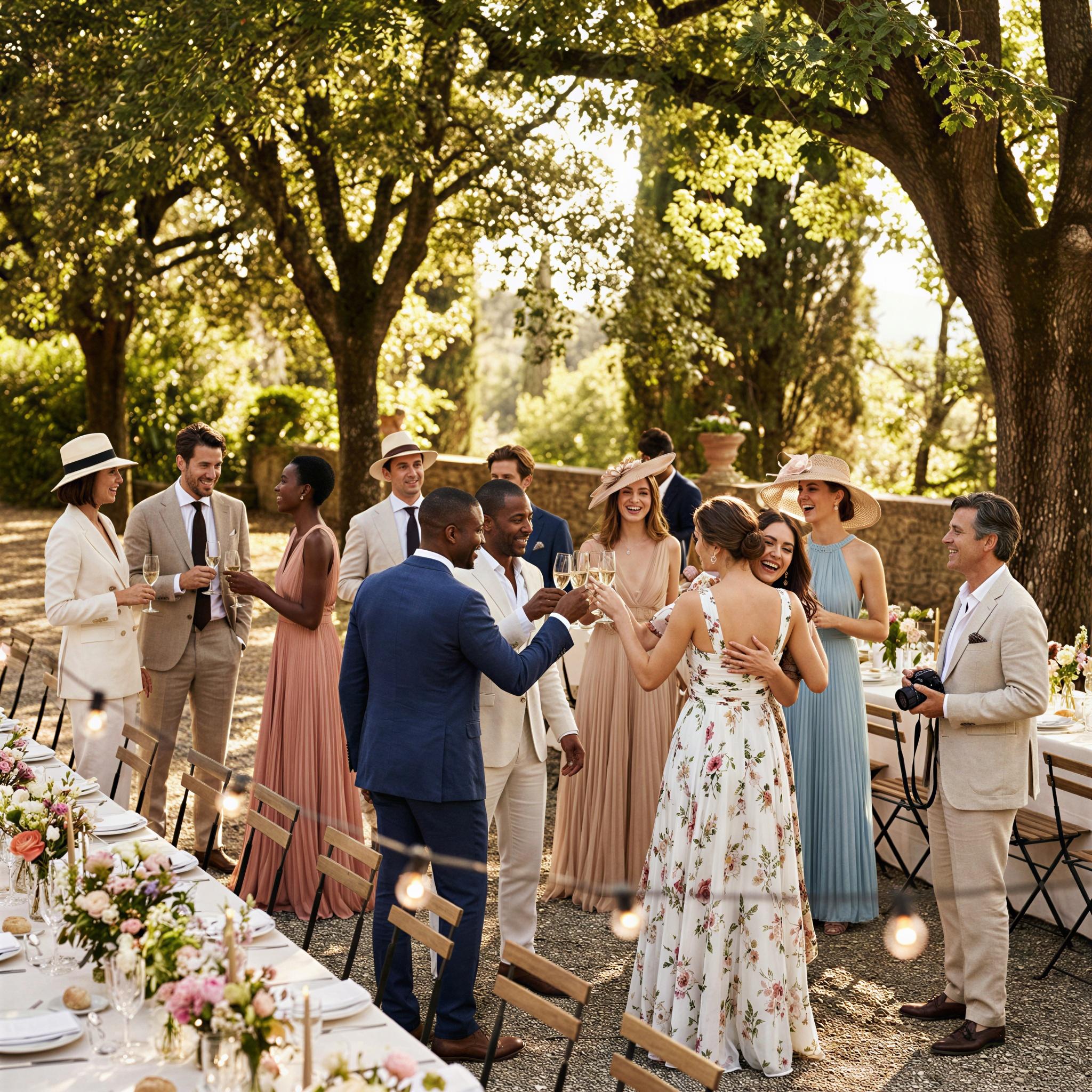 Vogue editorial style photography, elegant garden reception setting, dappled afternoon sunlight filtering through trees, group of elegantly dressed figures celebrating, joyful atmosphere, candid interaction, wide angle composition showing atmosphere, high fashion photography, feeling of shared celebration