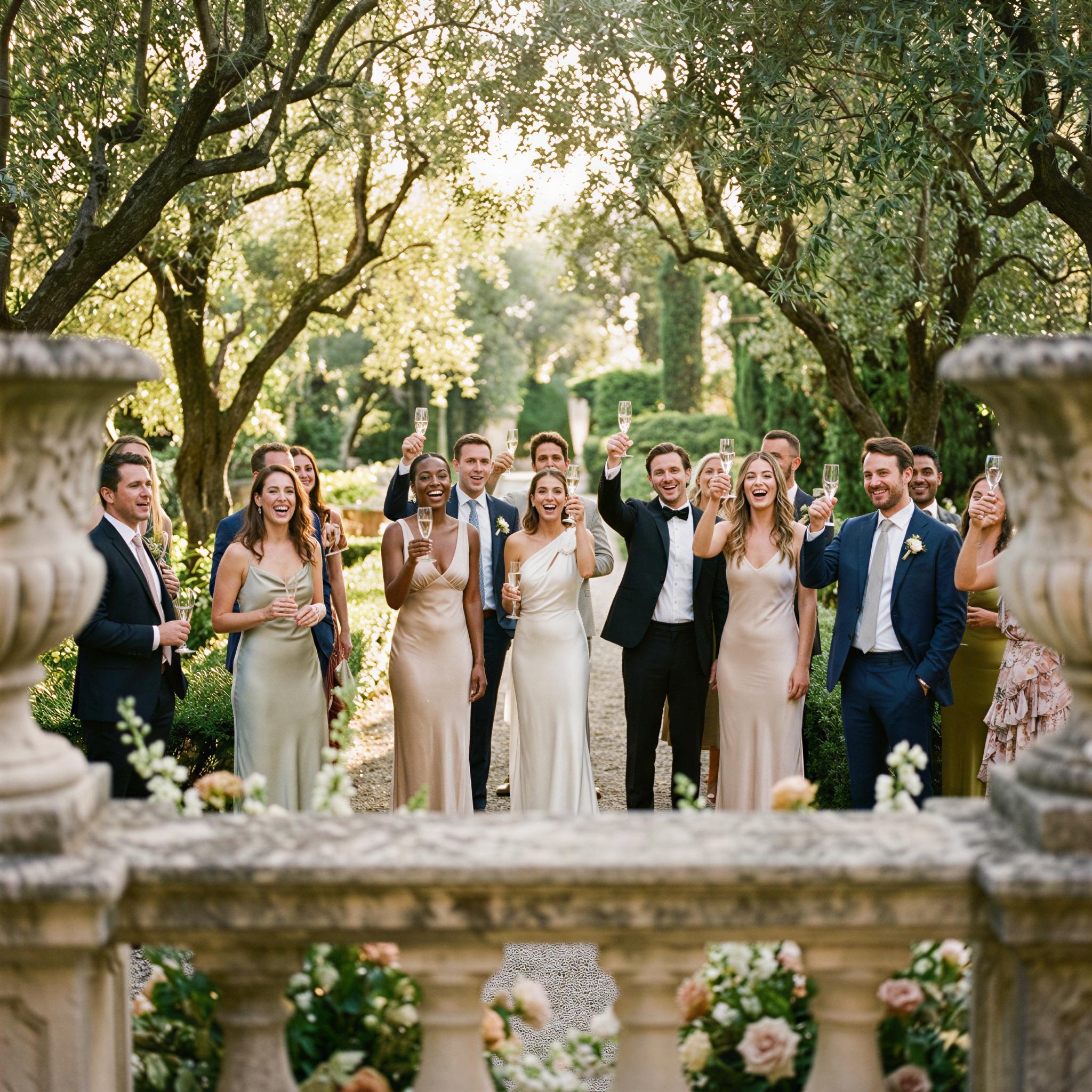 Vogue editorial style, elegant garden reception setting, dappled sunlight through trees, group of well-dressed attendees raising glasses, joyful celebration atmosphere, low-angle group composition, high fashion wedding aesthetic, cinematic quality, capturing shared happiness