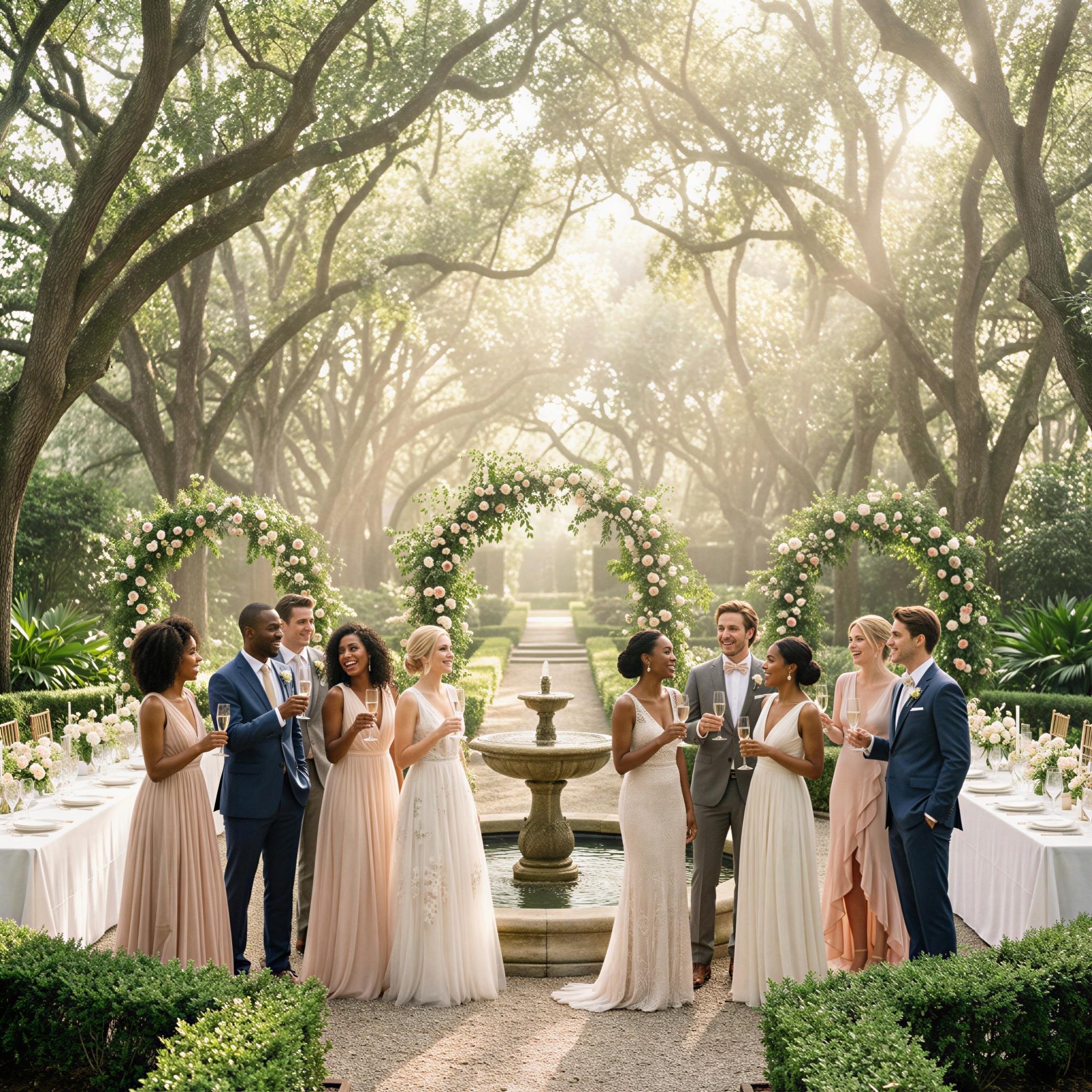 Vogue editorial style, grand garden reception setting, diffused bright midday sun filtered through trees, elegant group standing close in celebration, joyful and ethereal mood, wide angle composition capturing the scene, high-resolution fine art photography, sense of shared happiness