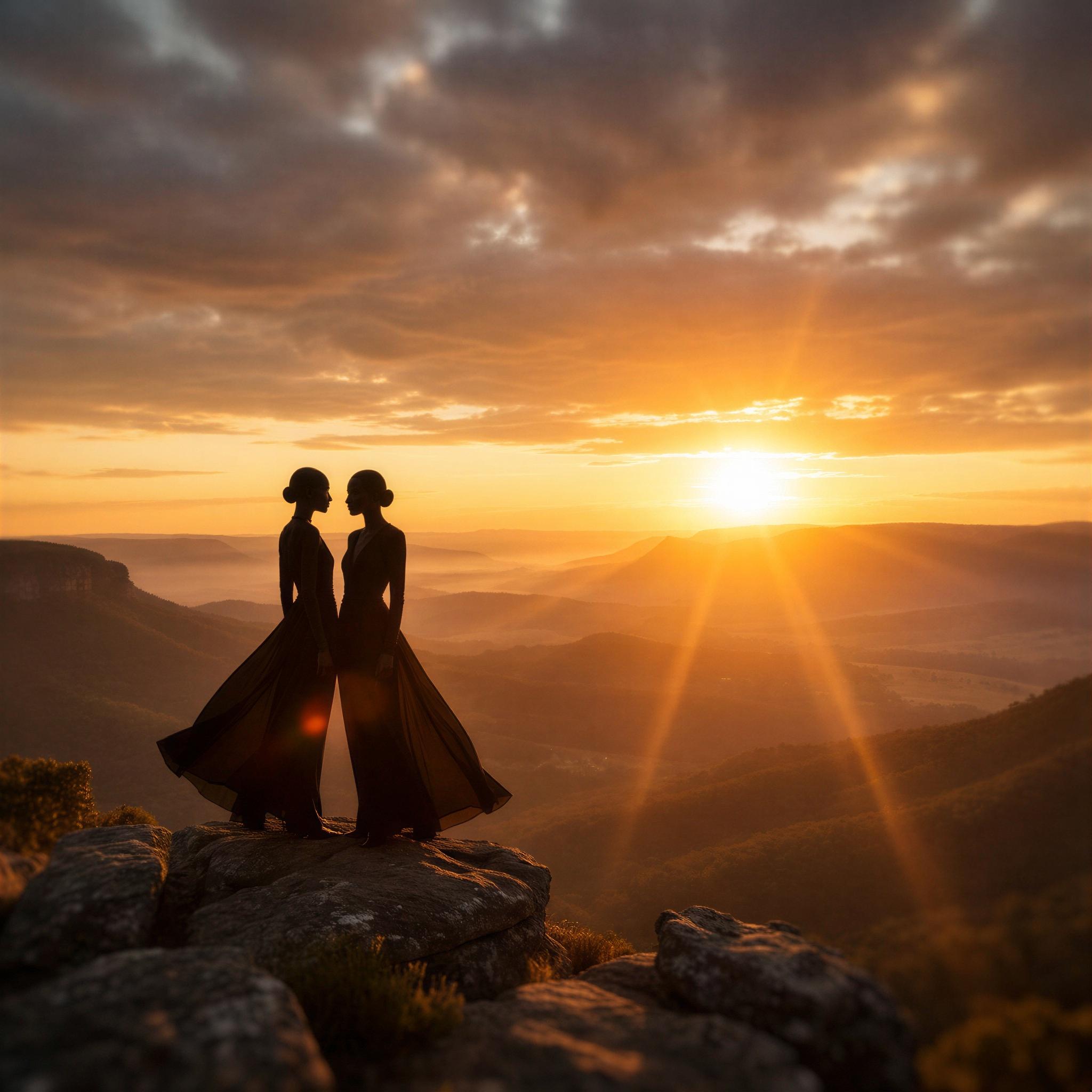 Vogue editorial style photography, intimate group of two silhouettes, dramatic golden hour backlight on a vast landscape, elegant and aspirational mood, wide-angle framing emphasizing connection against expansive sky, shallow depth of field, high-resolution fashion editorial quality