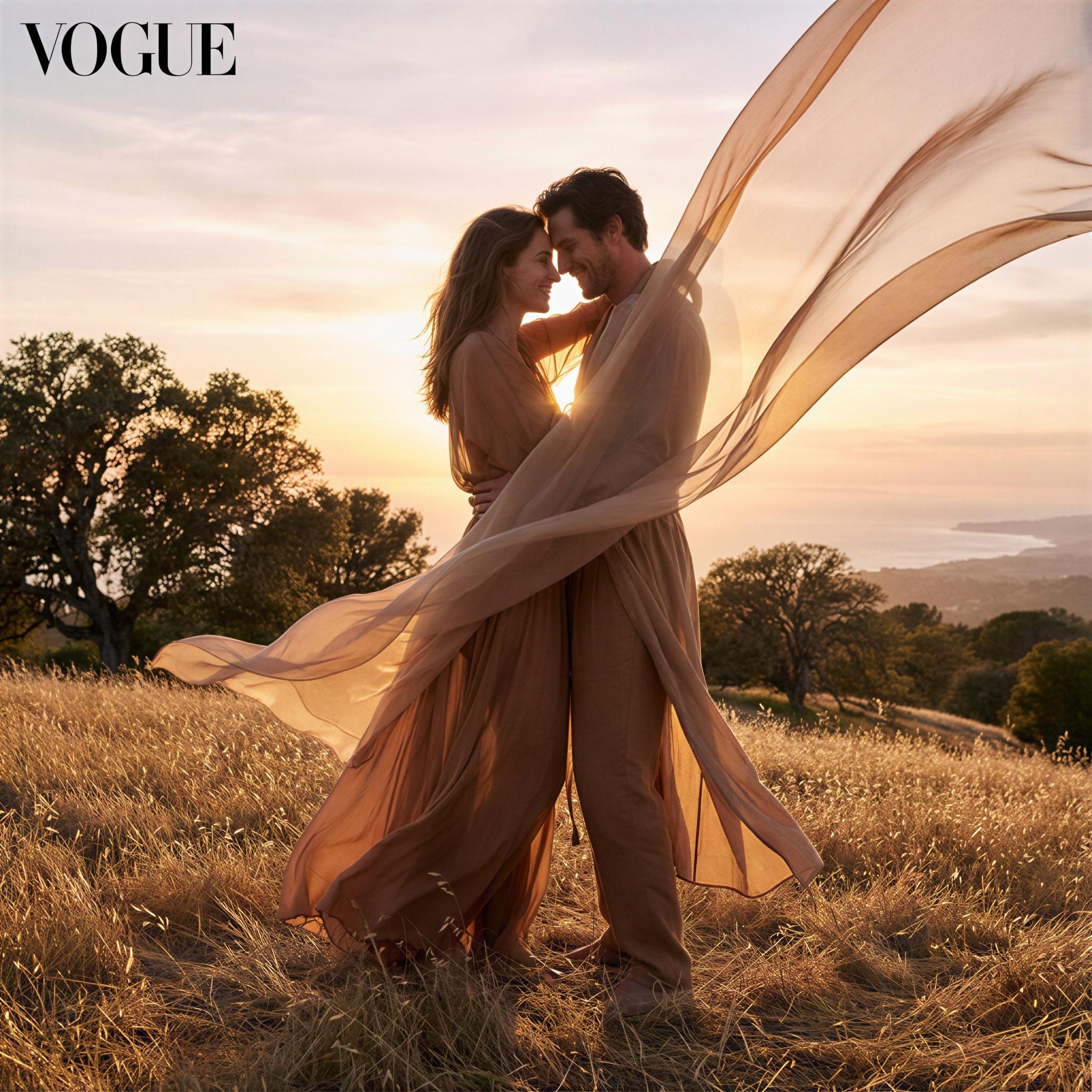 Vogue editorial style photography, couple embracing outdoors during golden hour, soft diffused sunlight creating rim lighting, elegant flowing fabric, confident and joyful mood, wide-angle composition emphasizing ethereal atmosphere, high-resolution magazine quality, celebration of union