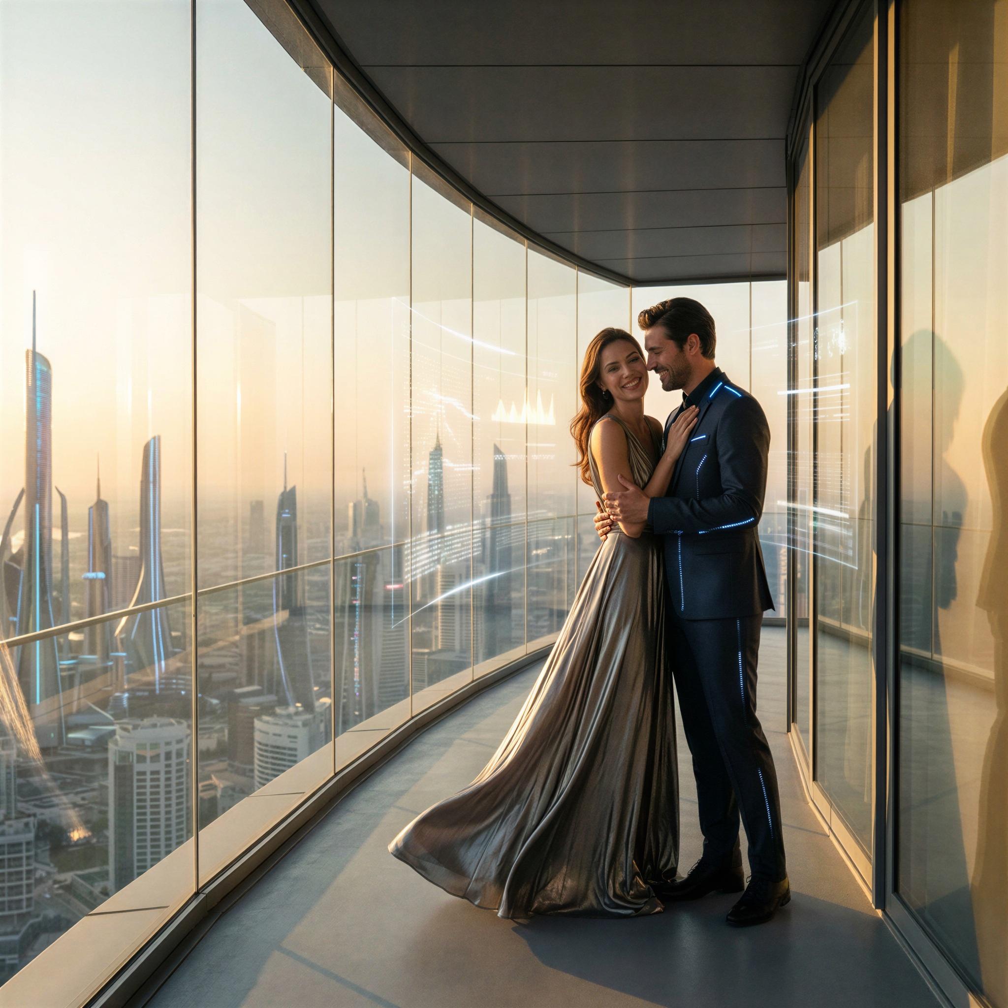 Vogue editorial style photography, virtual wedding couple standing on a panoramic balcony, dramatic golden hour lighting casting long shadows, elegant formal wear, feeling of shared futuristic joy, wide-angle composition capturing grand view, cinematic quality, ethereal atmosphere