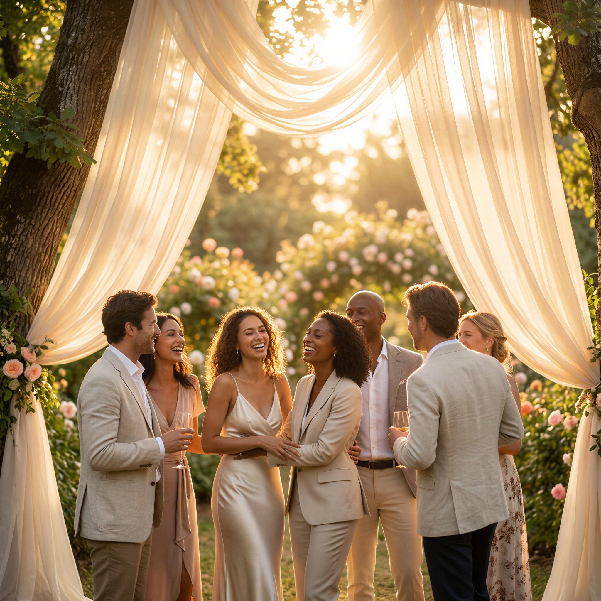 Vogue editorial style photography, outdoor garden setting, dramatic golden hour backlighting, elegant group of wedding attendees standing near flowing drapery, joyful and celebratory mood, shallow depth of field, high-resolution fine art photograph, soft lens flare effect