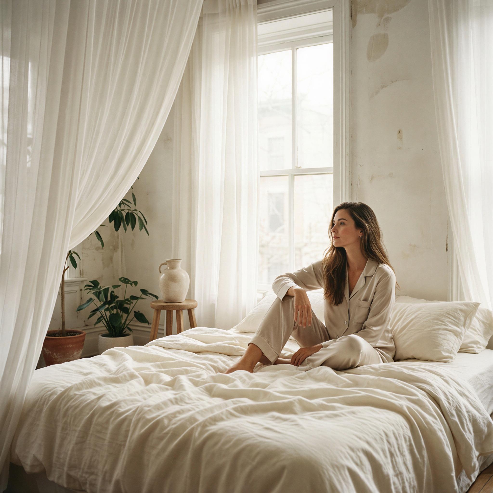 Vogue editorial style boudoir session, sunlit minimalist bedroom with sheer white drapery, soft natural window light creating delicate highlights, intimate and serene mood, elegant simple linens, quiet confidence pose, high-resolution editorial quality, artistic composition focusing on texture and form