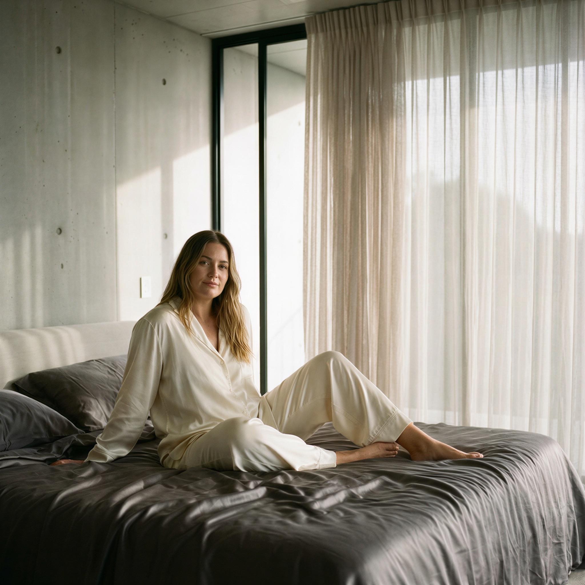 Vogue editorial style, solo portrait in a minimalist modern bedroom, soft diffused natural light streaming through sheer curtains, intimate calm mood, focus on texture of silk sheets and elegant loungewear, sophisticated composition, high-resolution detail, quiet confidence captured, magazine quality aesthetic