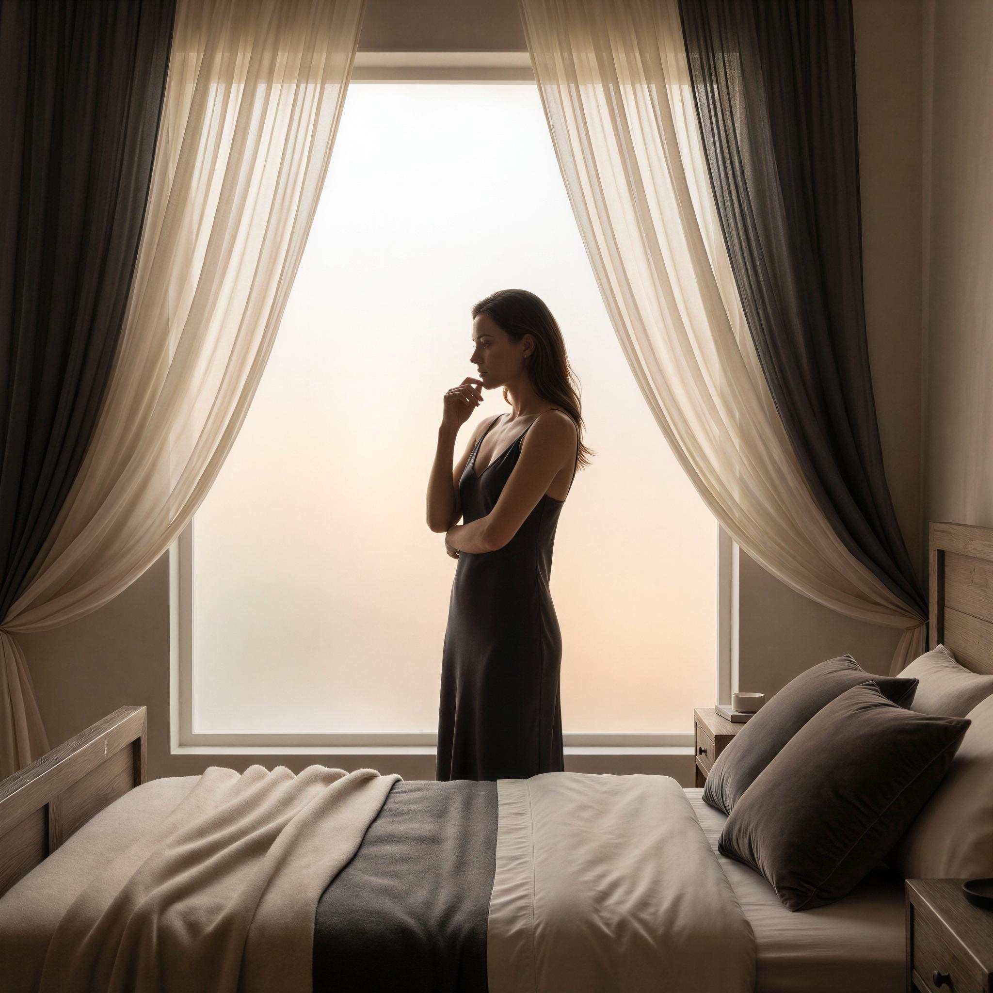 Vogue editorial style boudoir session, minimalist luxury bedroom setting, soft diffused window light creating gentle highlights, intimate contemplative mood, elegant silk drapery, focus on texture and silhouette, high-resolution editorial detail, calm and sensual composition, intimate moment captured